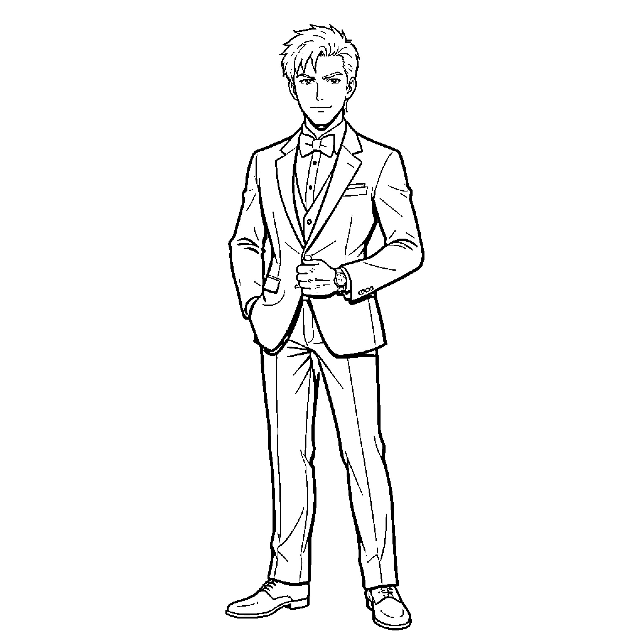 Zoro in formal attire with confident expression Coloring Page (free black-and-white line drawing printable PDF for all, from beginners to advanced learners, including children, teens, adults, and seniors)
