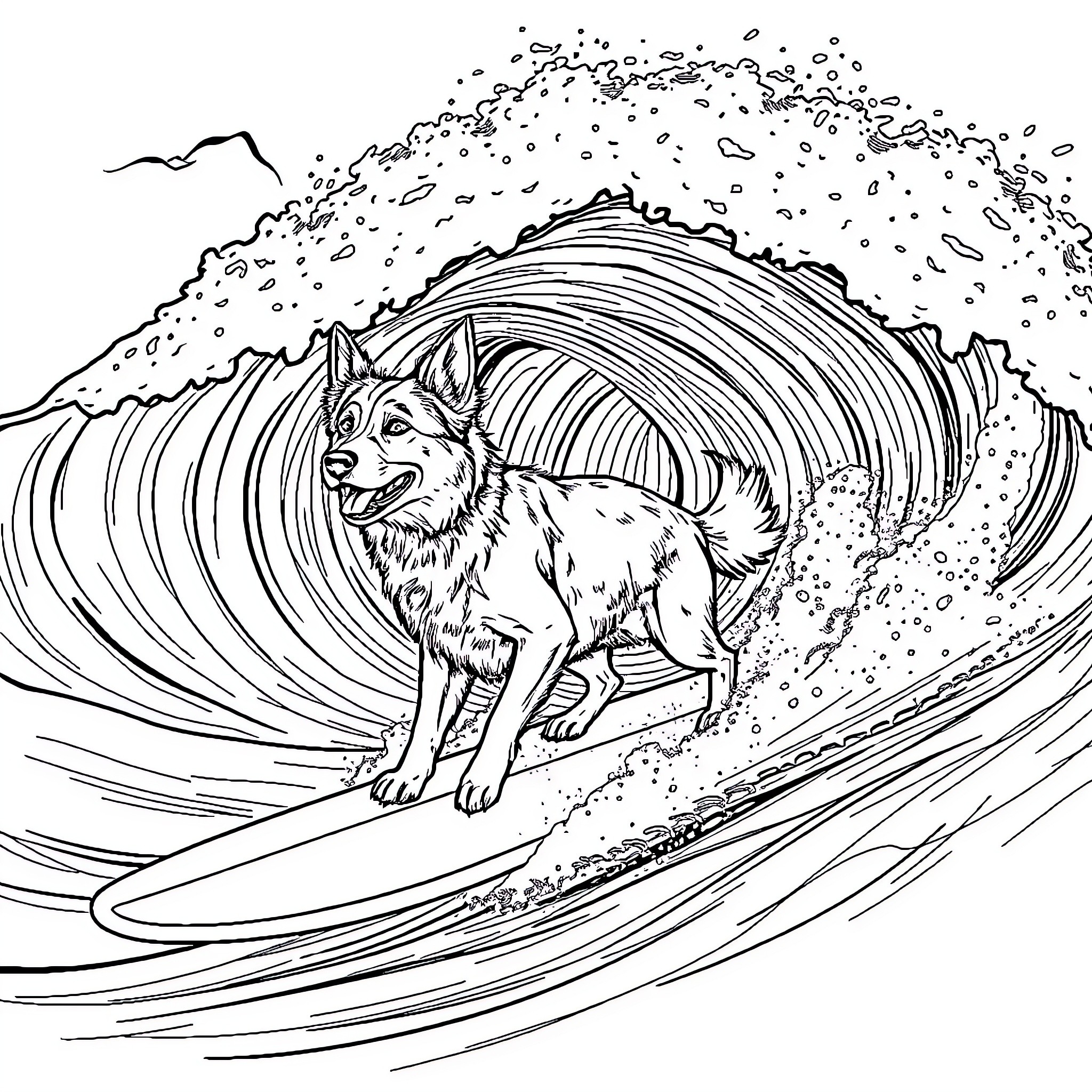 Dog riding a massive wave Coloring Page (free black-and-white line drawing printable PDF for all, from beginners to advanced learners, including children, teens, adults, and seniors)