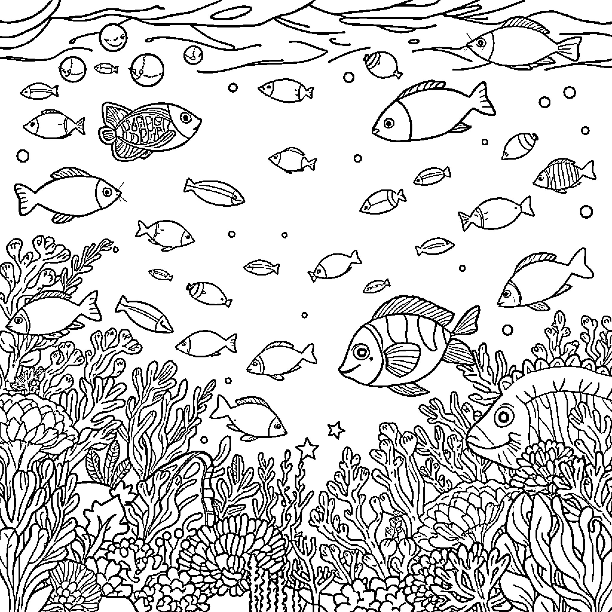 Sea Life Teeming with Vibrant Marine Creatures Coloring Page (free black-and-white line drawing printable PDF for all, from beginners to advanced learners, including children, teens, adults, and seniors)