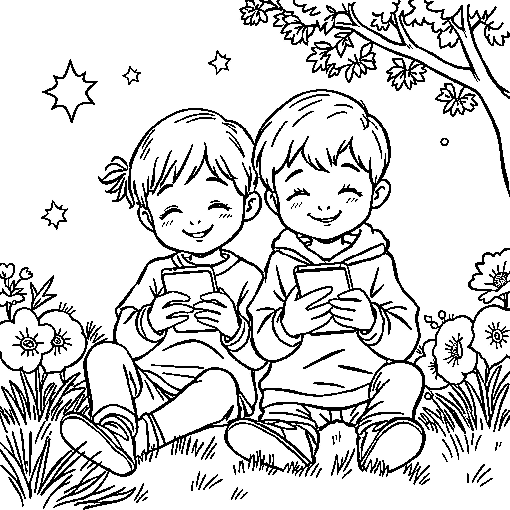 Kid Friends Enjoying Outdoor Adventure with Technology Coloring Page (free black-and-white line drawing printable PDF for all, from beginners to advanced learners, including children, teens, adults, and seniors)
