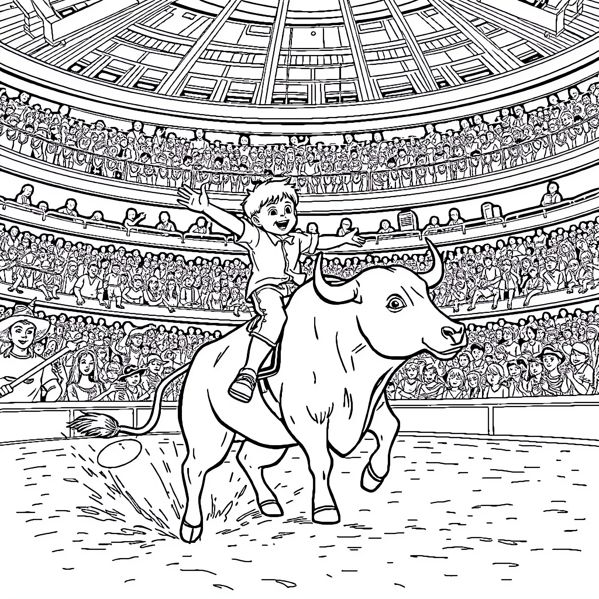 Boy riding a bull in a crowded stadium Coloring Page (free black-and-white line drawing printable PDF for all, from beginners to advanced learners, including children, teens, adults, and seniors)