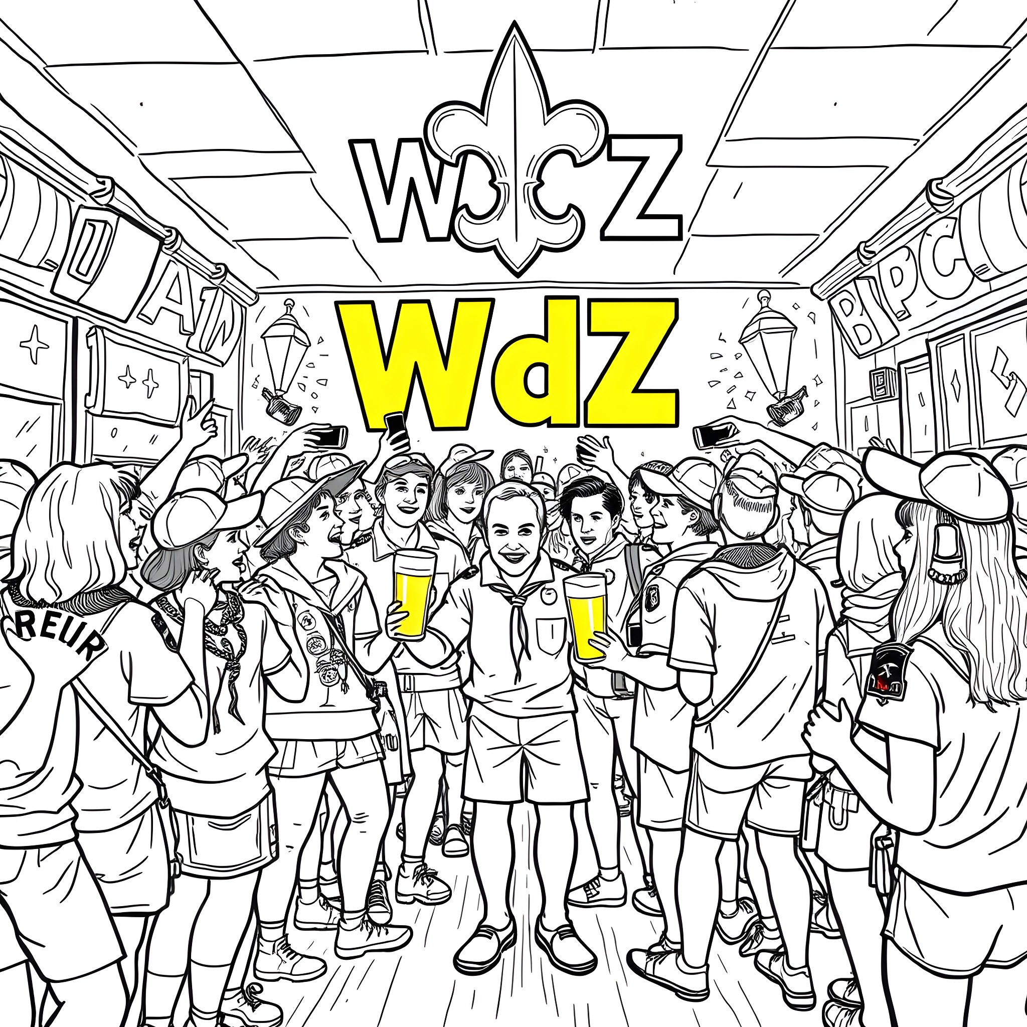 Party in the lively WDCZ station Coloring Page (free black-and-white line drawing printable PDF for all, from beginners to advanced learners, including children, teens, adults, and seniors)