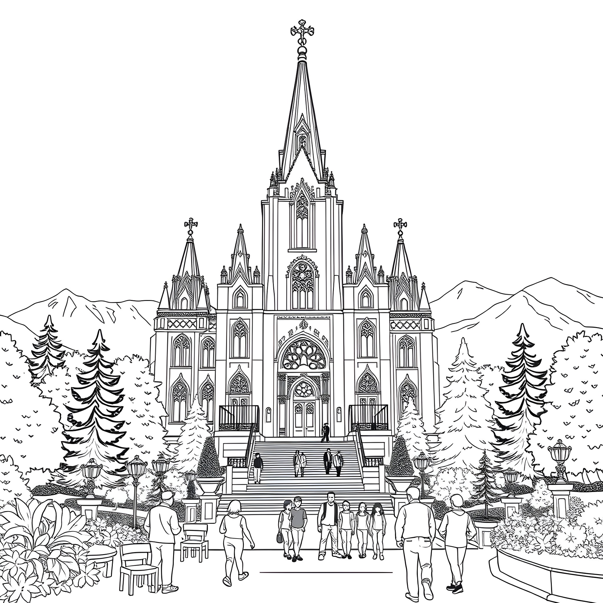 Temple with Ornate Gothic Architecture and Visitors Coloring Page (free black-and-white line drawing printable PDF for all, from beginners to advanced learners, including children, teens, adults, and seniors)