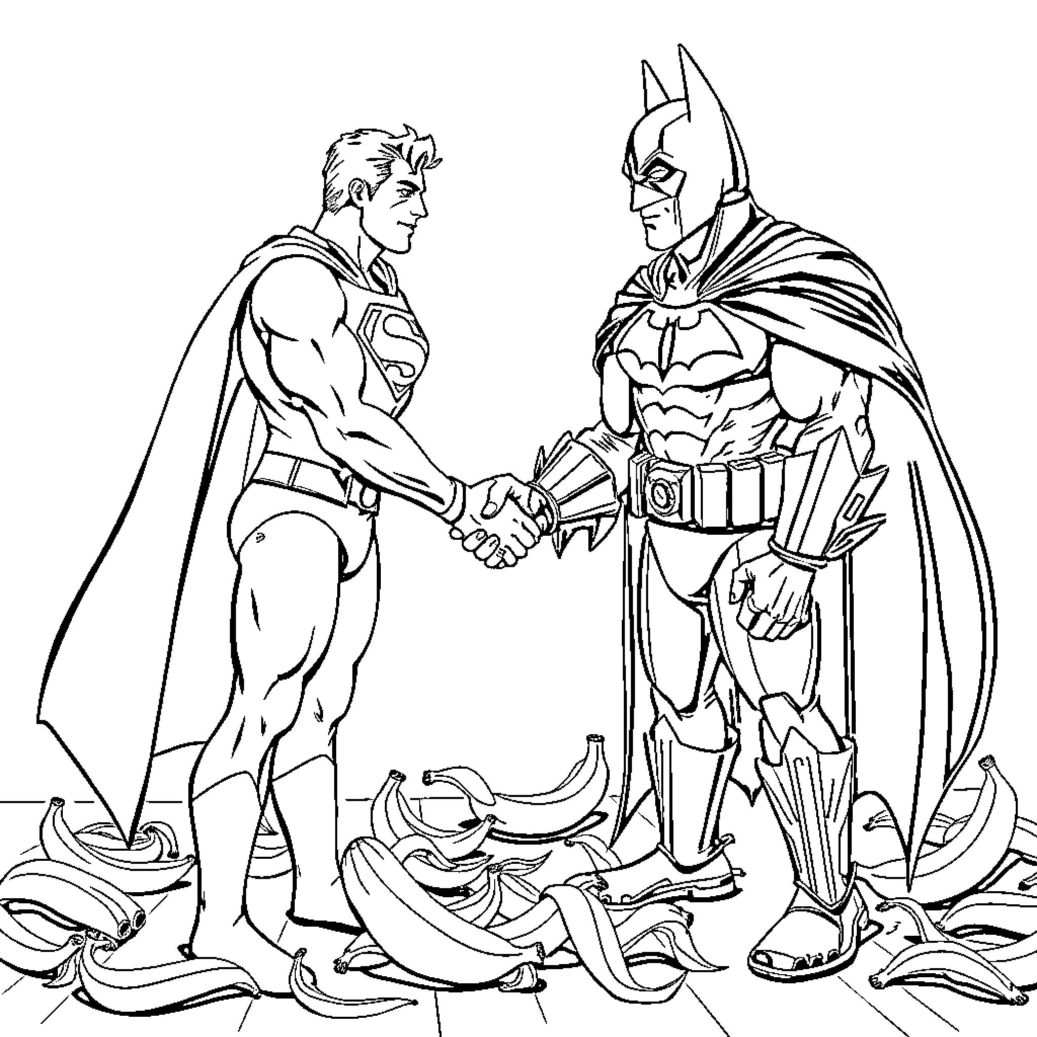 Superman and Batman shake hands in the aftermath Coloring Page (free black-and-white line drawing printable PDF for all, from beginners to advanced learners, including children, teens, adults, and seniors)