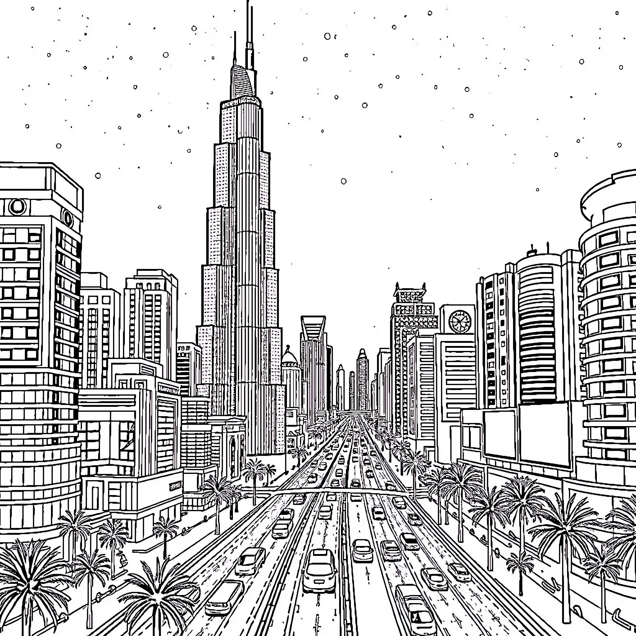 Dubai's Vibrant Cityscape Amidst Towering Skyscrapers Coloring Page (free black-and-white line drawing printable PDF for all, from beginners to advanced learners, including children, teens, adults, and seniors)