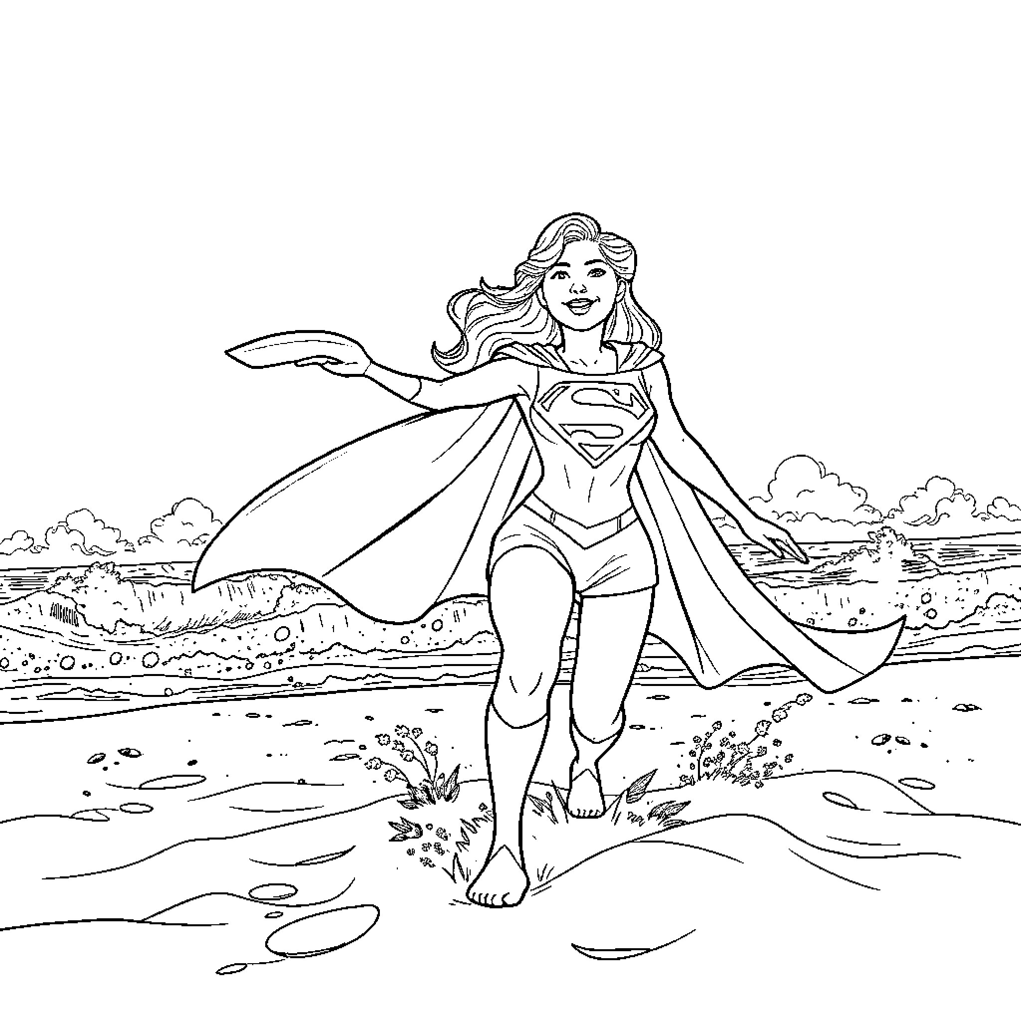Supergirl soaring through the sky with confidence Coloring Page (free black-and-white line drawing printable PDF for all, from beginners to advanced learners, including children, teens, adults, and seniors)