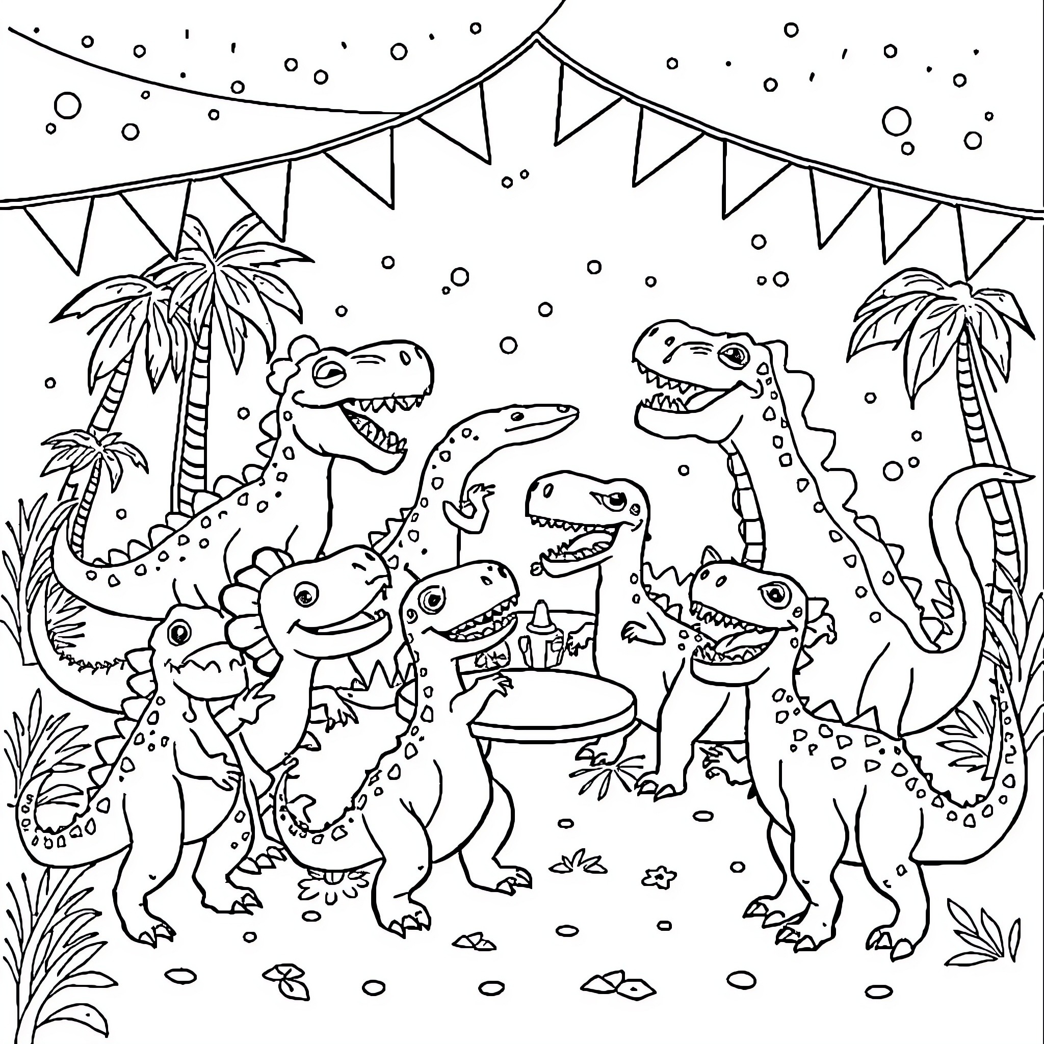 Dinosaur Party with Bunting and Palms Coloring Page (free black-and-white line drawing printable PDF for all, from beginners to advanced learners, including children, teens, adults, and seniors)