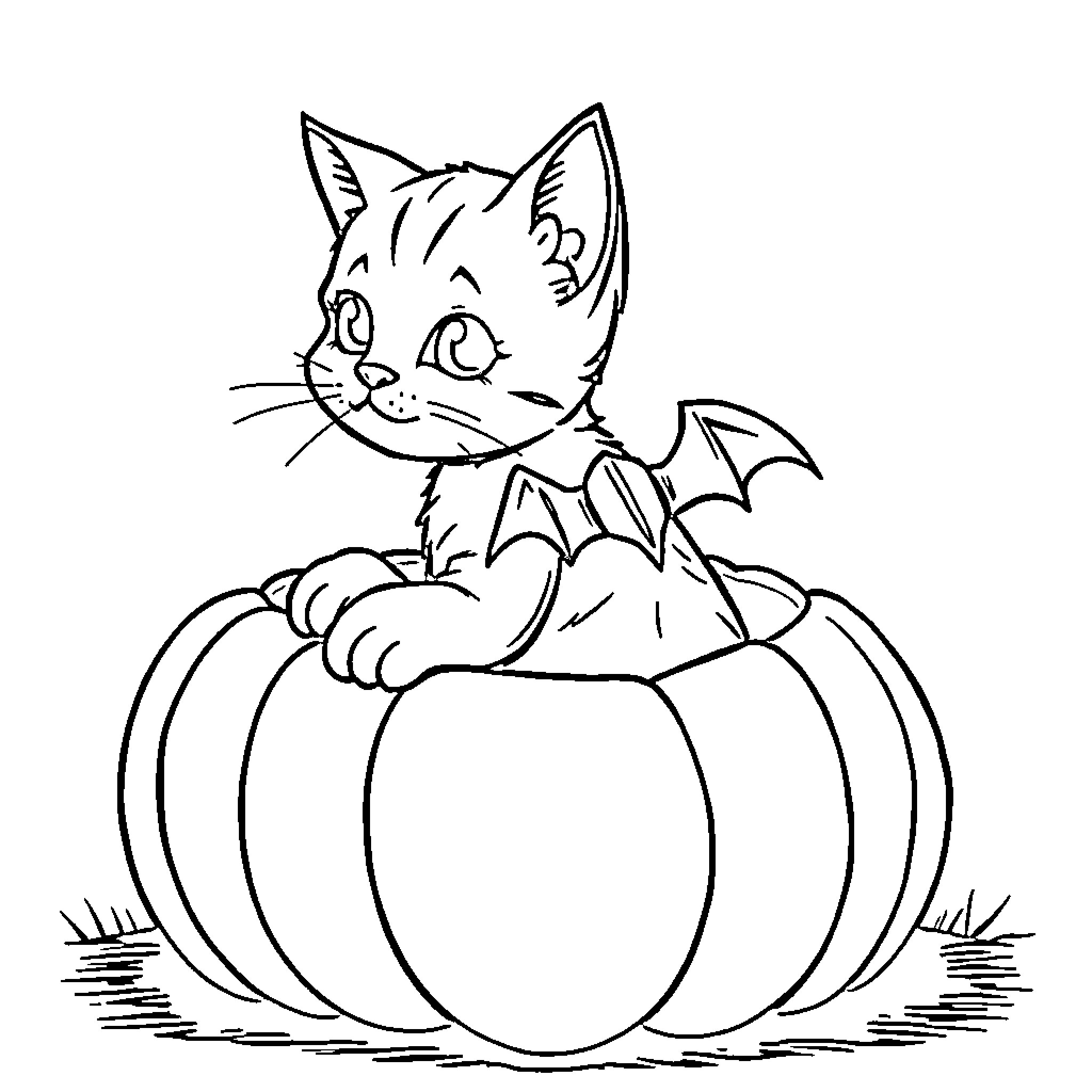 Cat in a pumpkin Coloring Page (free black-and-white line drawing printable PDF for all, from beginners to advanced learners, including children, teens, adults, and seniors)