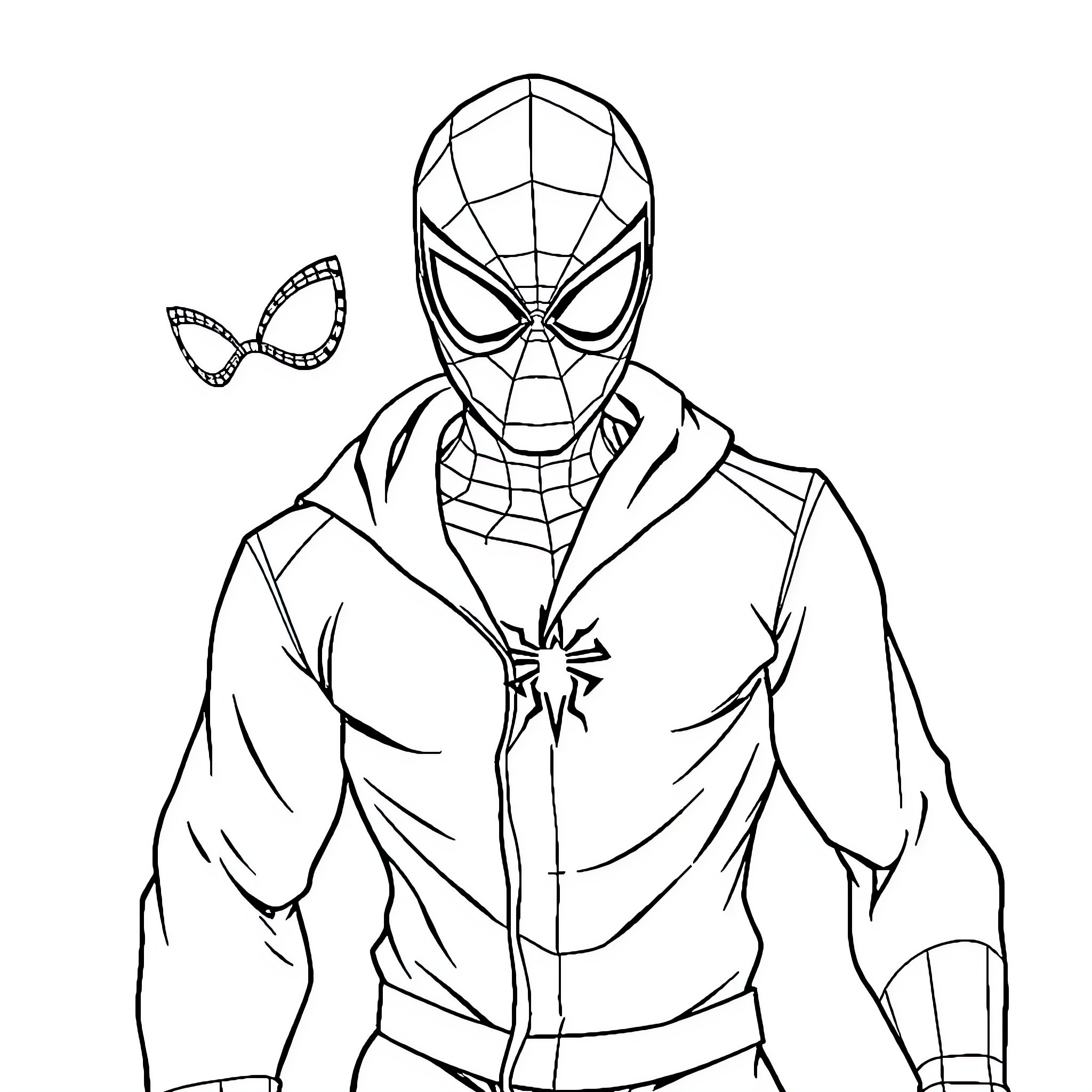 Spider-Man in action pose with mask Coloring Page (free black-and-white line drawing printable PDF for all, from beginners to advanced learners, including children, teens, adults, and seniors)
