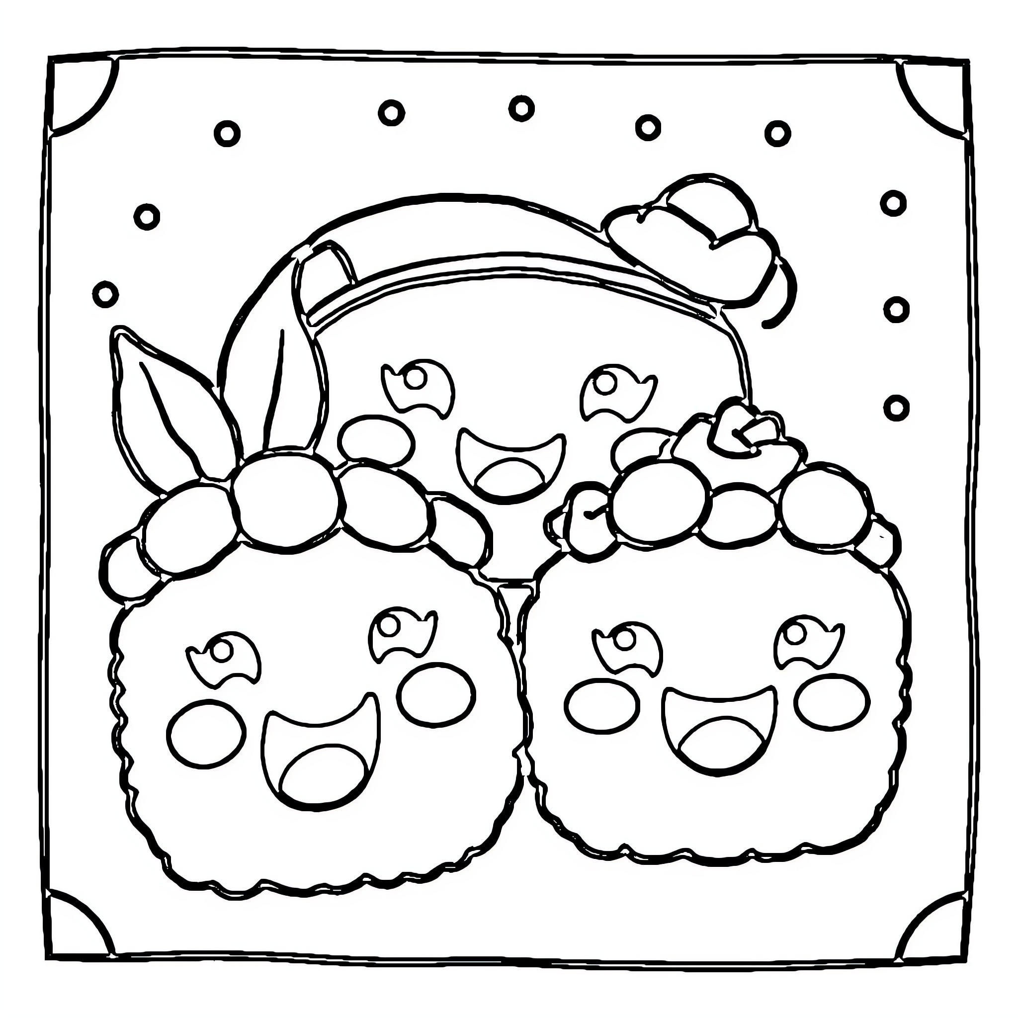 Sushi rolls with happy expressions Coloring Page (free black-and-white line drawing printable PDF for all, from beginners to advanced learners, including children, teens, adults, and seniors)
