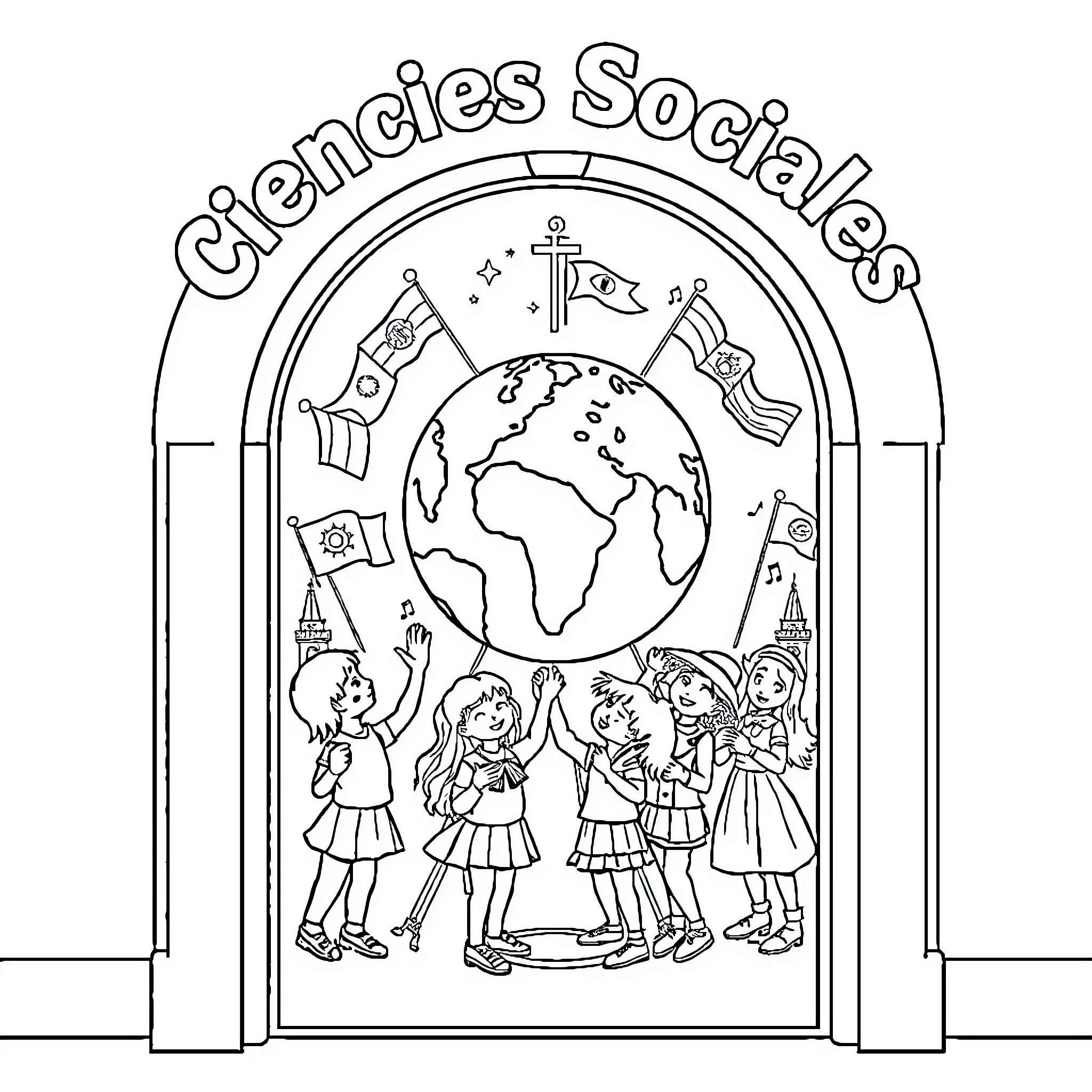 Globe depicting social sciences and students Coloring Page (free black-and-white line drawing printable PDF for all, from beginners to advanced learners, including children, teens, adults, and seniors)