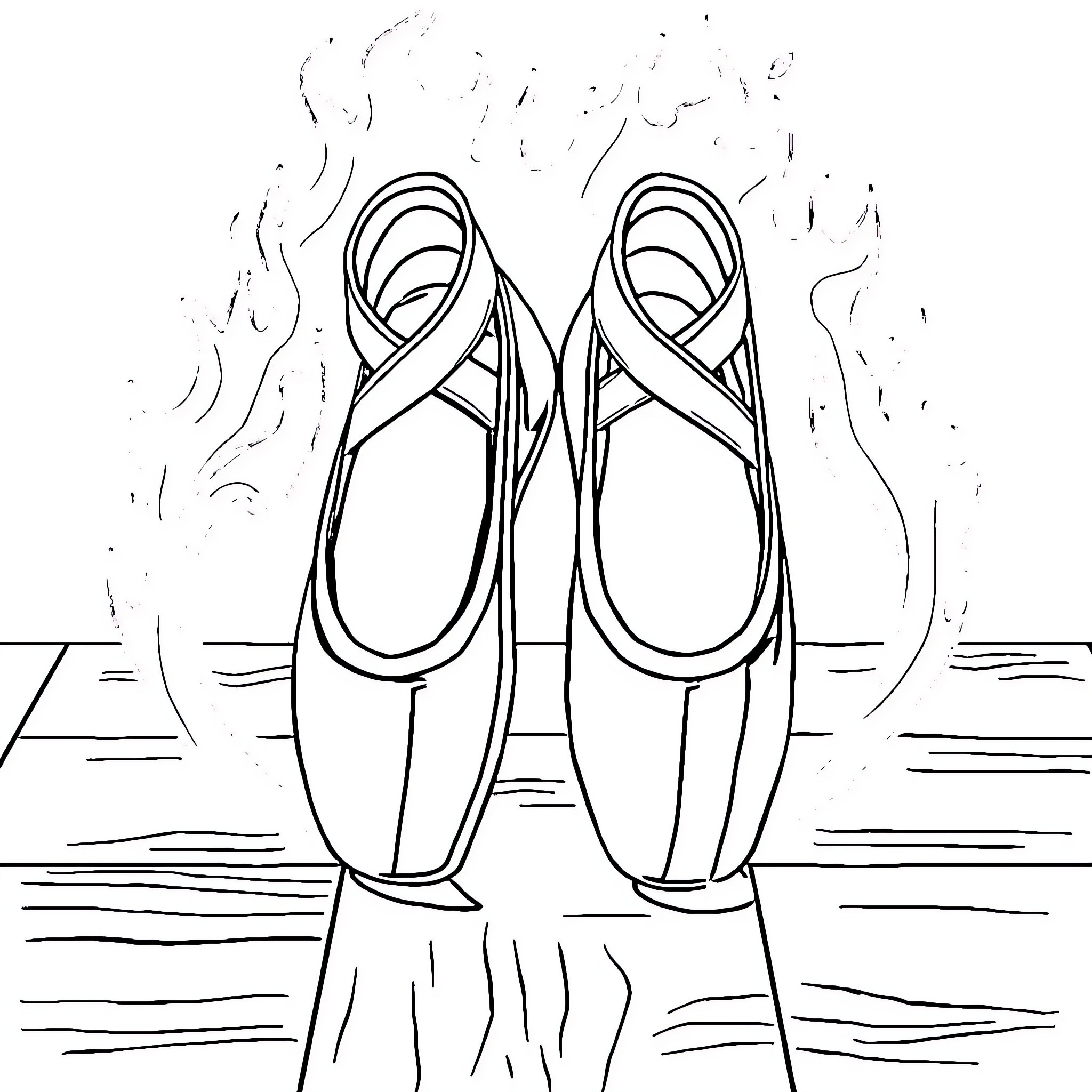 Ballet Shoes in Graceful Dance Pose Coloring Page (free black-and-white line drawing printable PDF for all, from beginners to advanced learners, including children, teens, adults, and seniors)