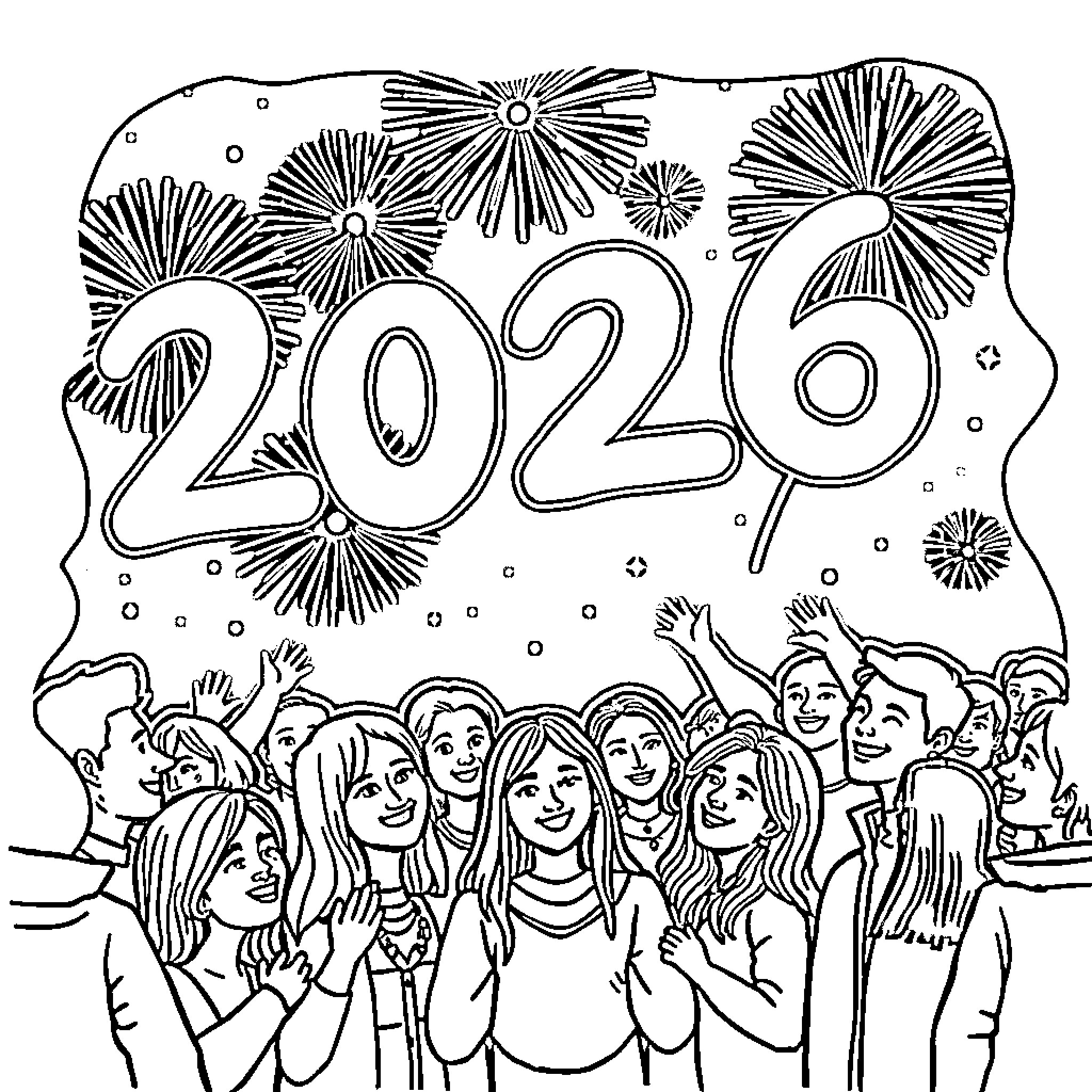 Celebration of the New Year with Cheerful Crowds Coloring Page (free black-and-white line drawing printable PDF for all, from beginners to advanced learners, including children, teens, adults, and seniors)