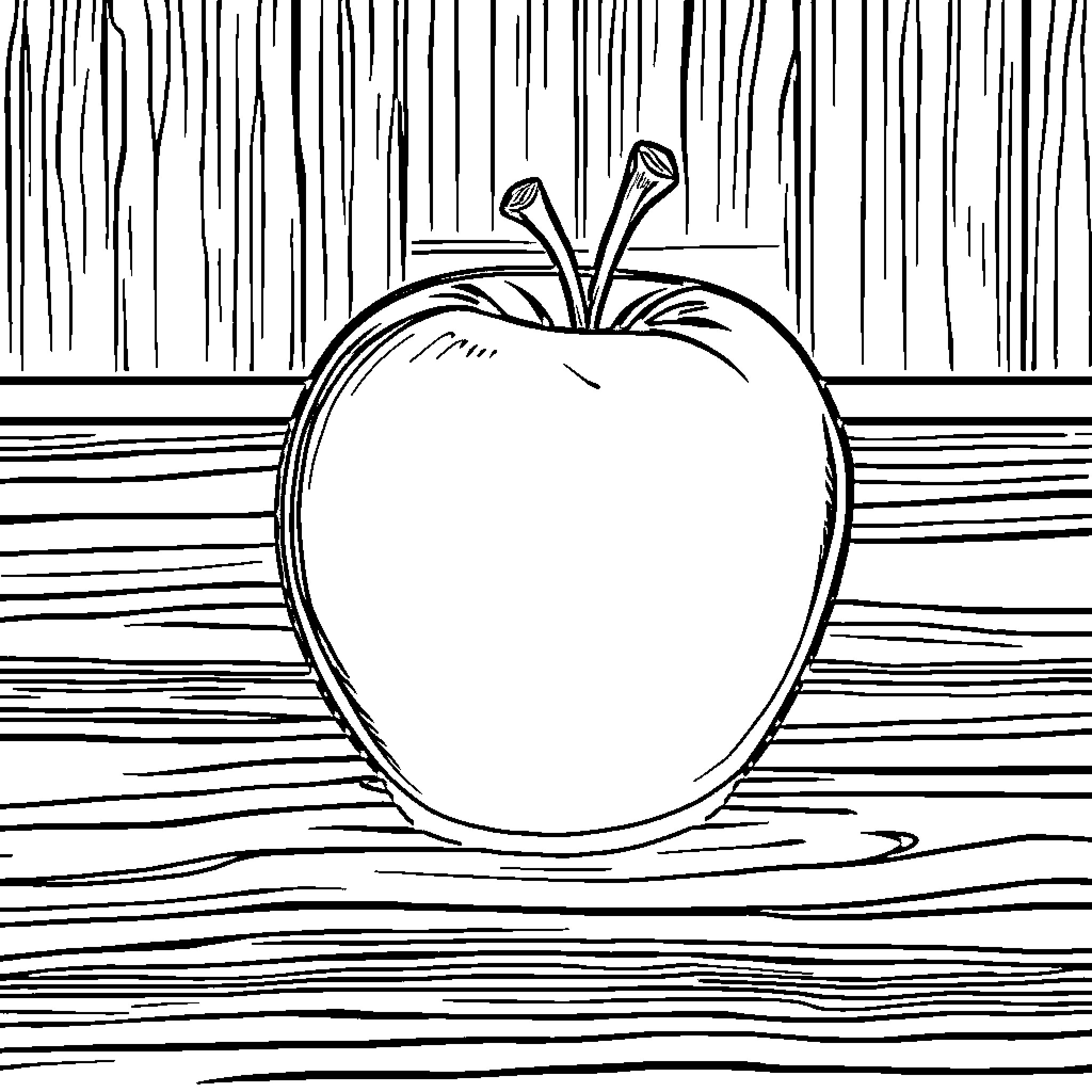 Apple on Wooden Planks Coloring Page (free black-and-white line drawing printable PDF for all, from beginners to advanced learners, including children, teens, adults, and seniors)