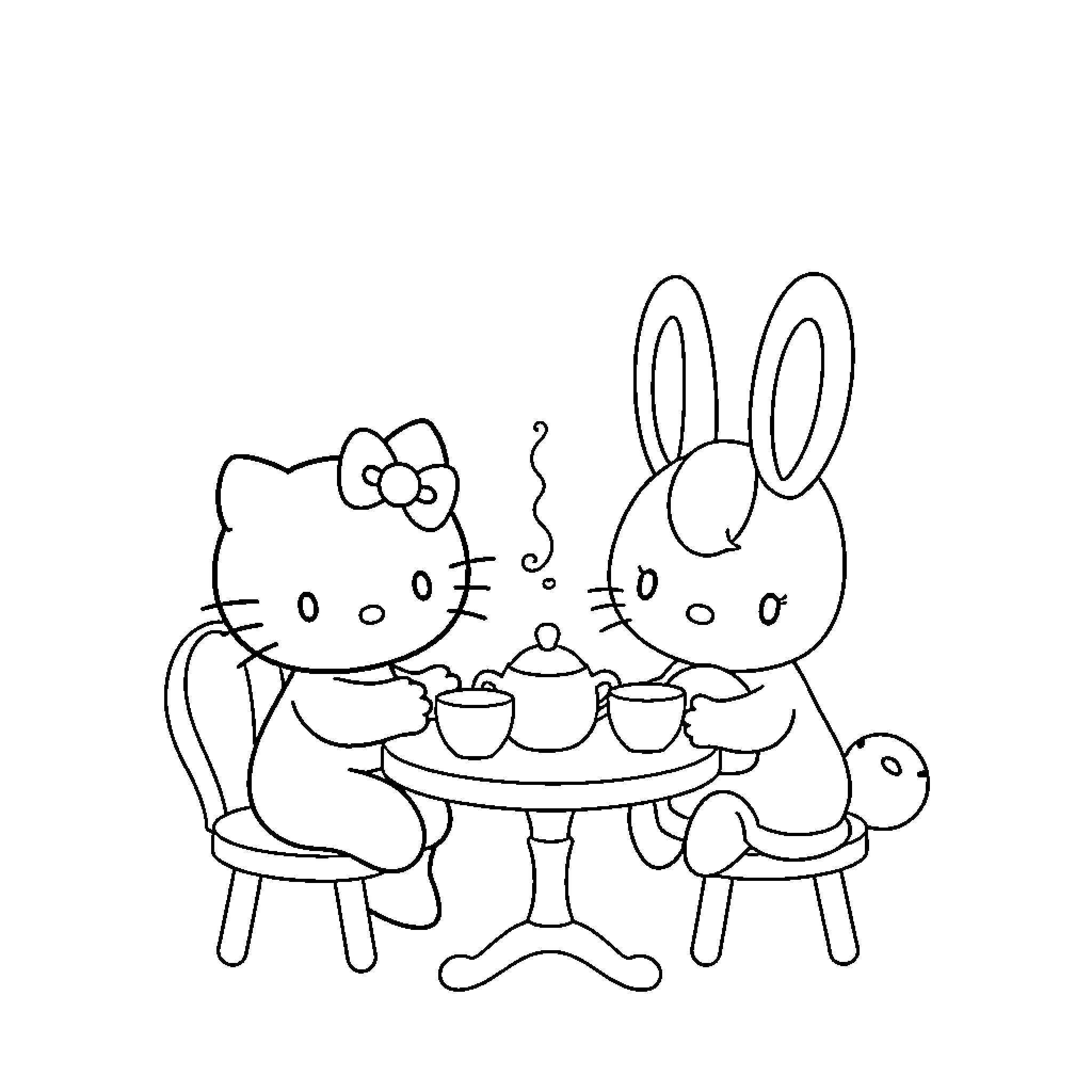 Hello Kitty Enjoys Tea Party with Bunny Friend Coloring Page (free black-and-white line drawing printable PDF for all, from beginners to advanced learners, including children, teens, adults, and seniors)