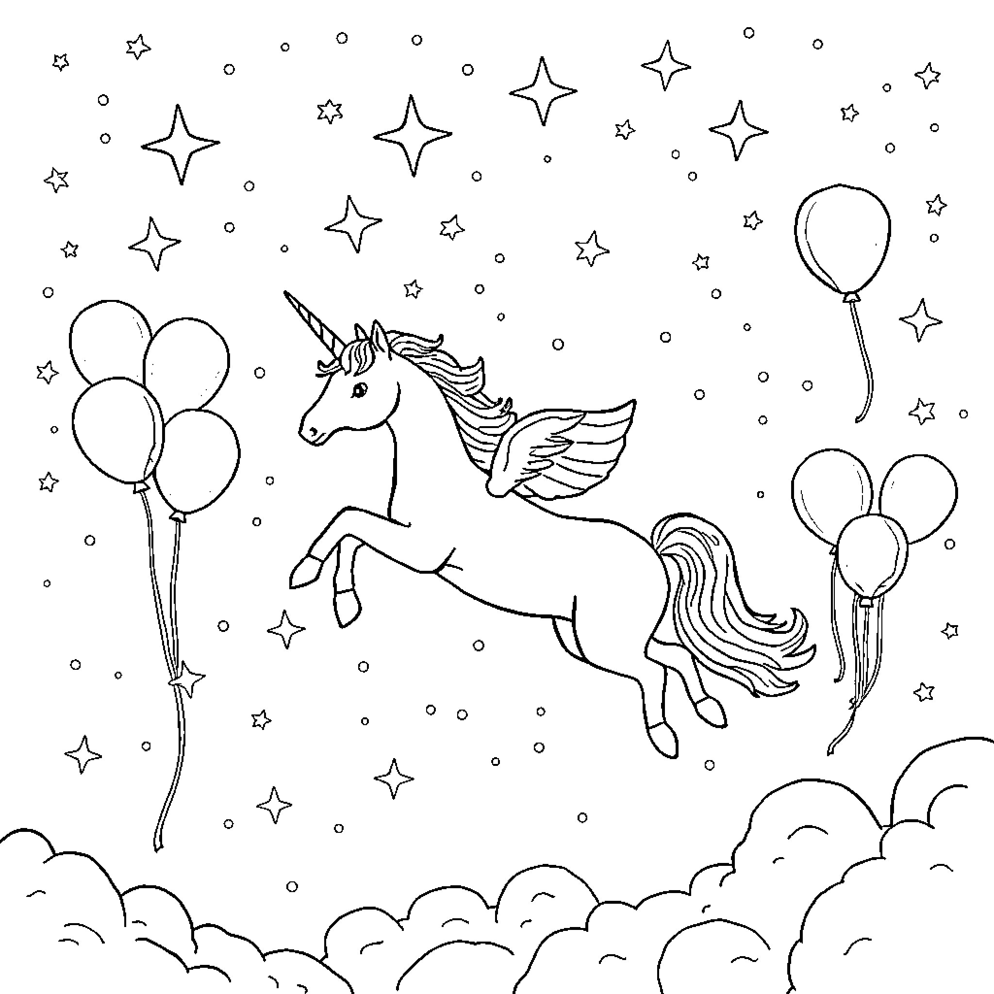 Unicorn flying with balloons and stars Coloring Page (free black-and-white line drawing printable PDF for all, from beginners to advanced learners, including children, teens, adults, and seniors)