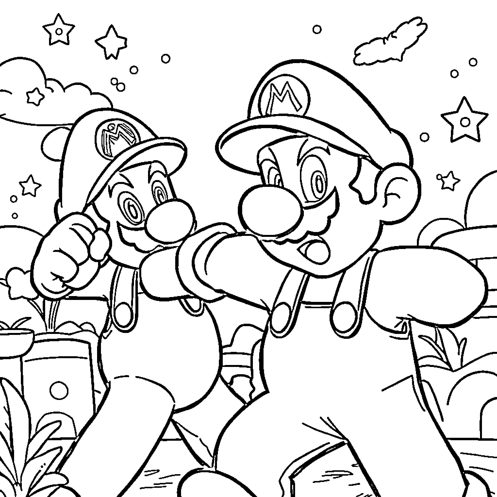 Mario Brothers Exploring Cartoon Adventure Coloring Page (free black-and-white line drawing printable PDF for all, from beginners to advanced learners, including children, teens, adults, and seniors)