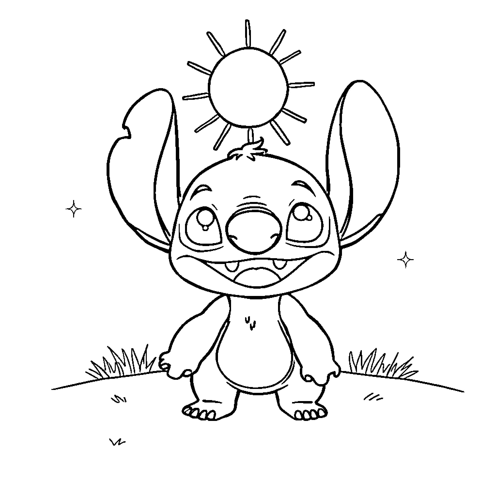 Stitch enjoying the sunny day in the meadow Coloring Page (free black-and-white line drawing printable PDF for all, from beginners to advanced learners, including children, teens, adults, and seniors)