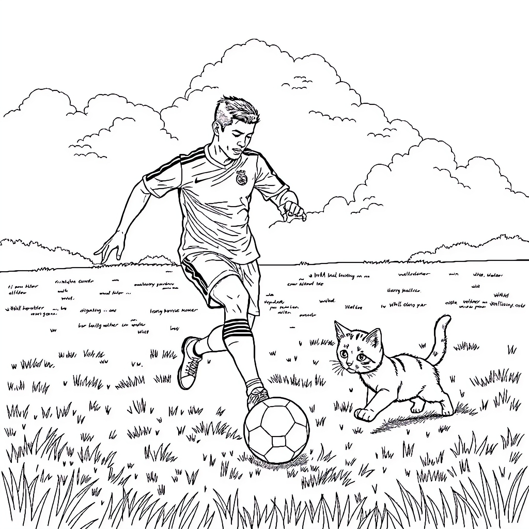Cristiano Ronaldo playing soccer with a kitten Coloring Page (free black-and-white line drawing printable PDF for all, from beginners to advanced learners, including children, teens, adults, and seniors)