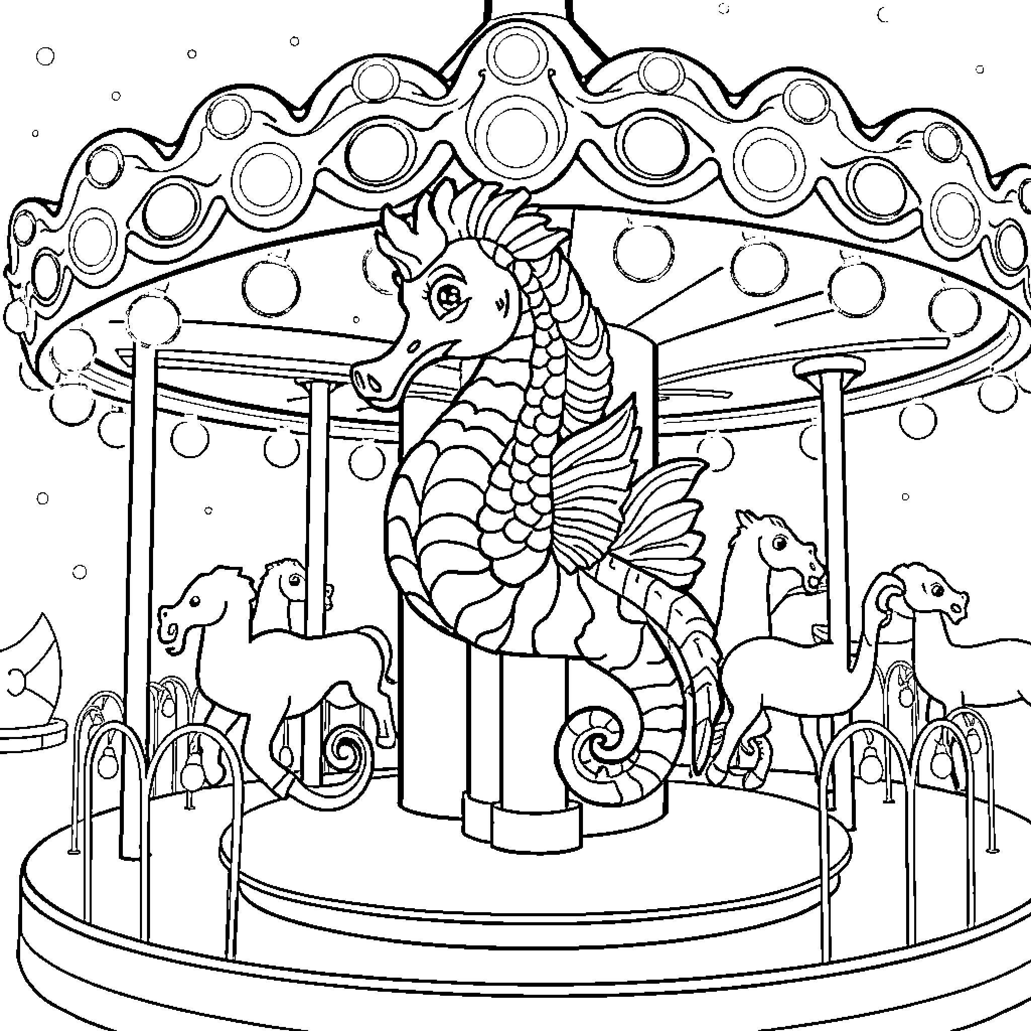 Seahorse rides a carousel with other fantasy creatures Coloring Page (free black-and-white line drawing printable PDF for all, from beginners to advanced learners, including children, teens, adults, and seniors)