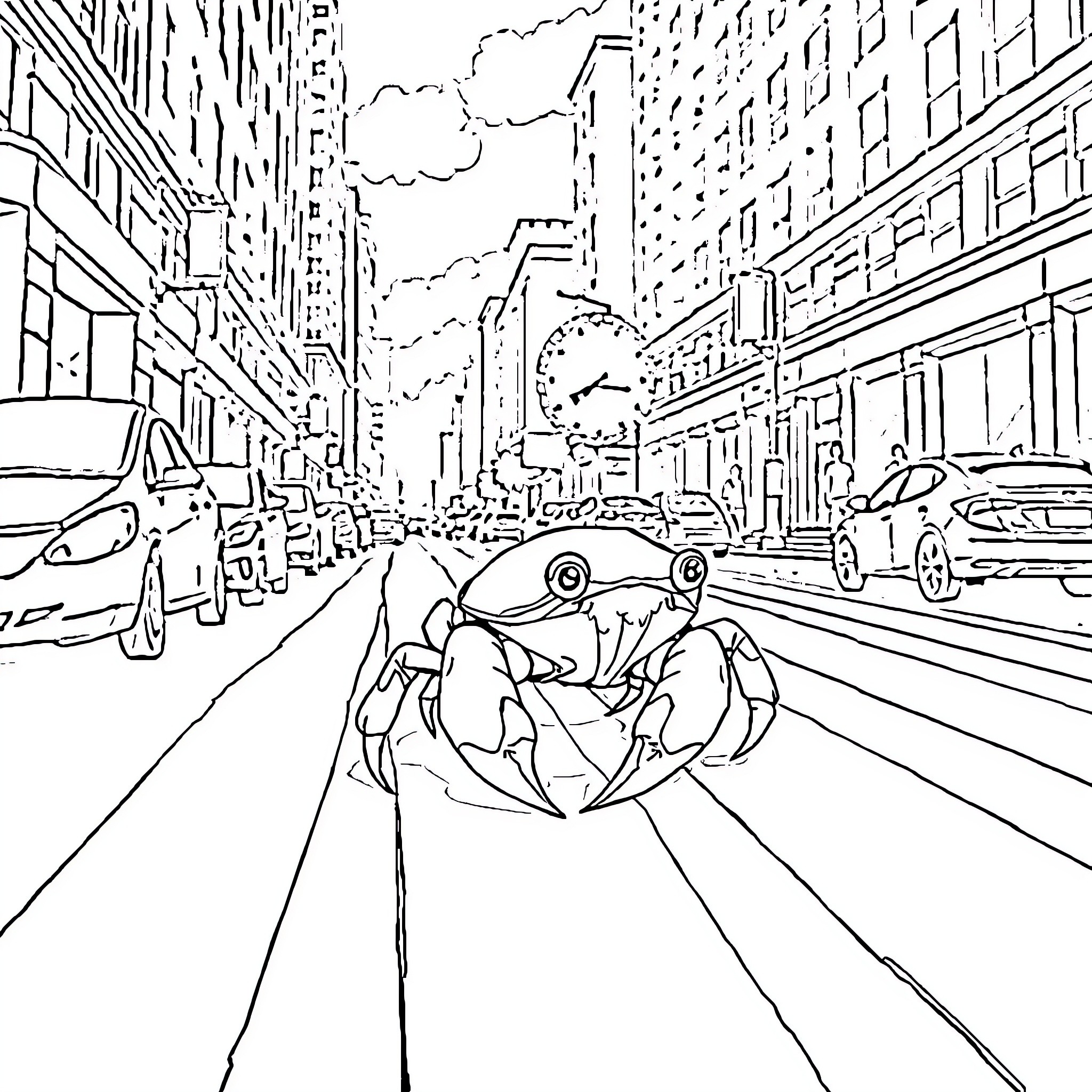 Crab exploring the bustling city streets Coloring Page (free black-and-white line drawing printable PDF for all, from beginners to advanced learners, including children, teens, adults, and seniors)