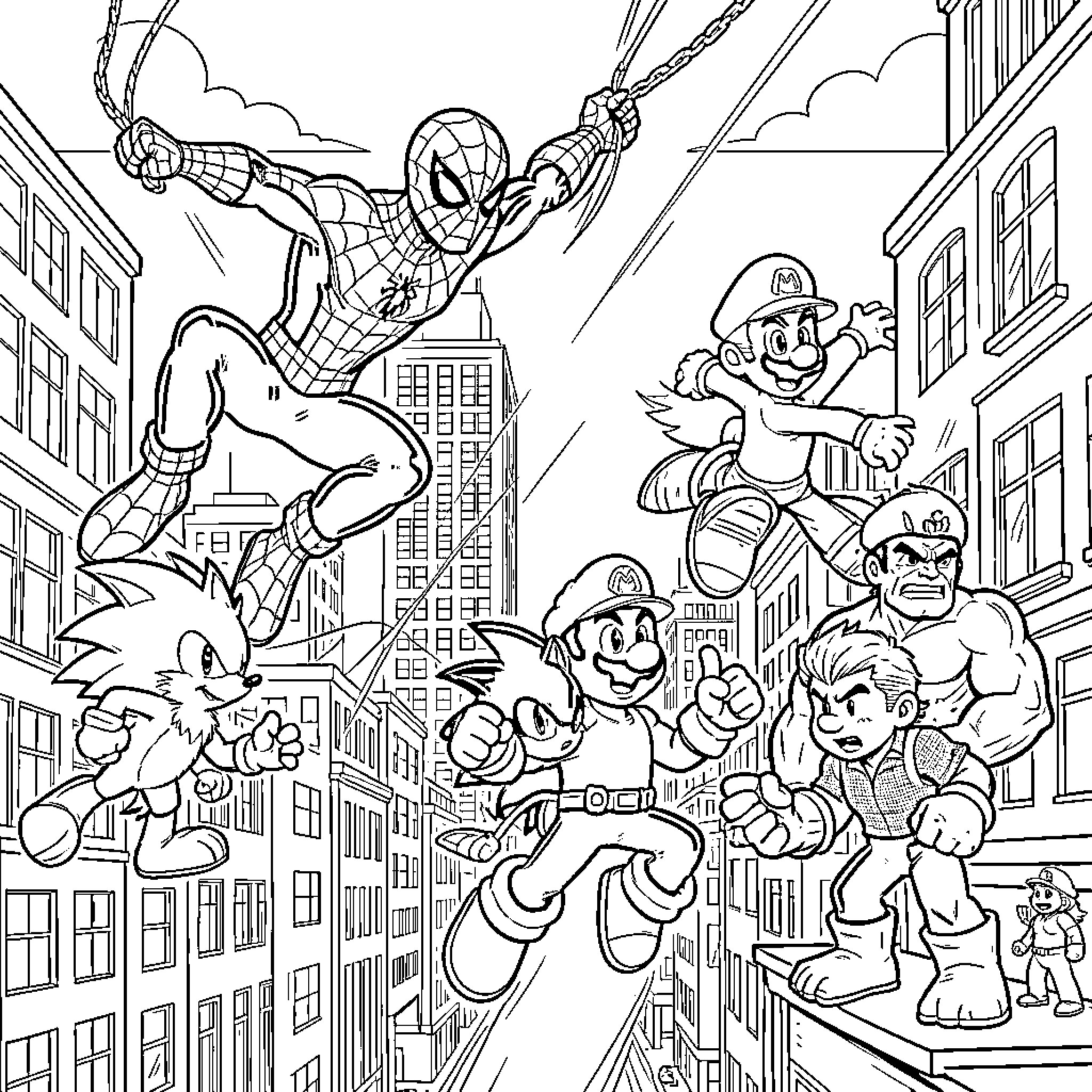 Spider-Man swinging through a city with various heroes Coloring Page (free black-and-white line drawing printable PDF for all, from beginners to advanced learners, including children, teens, adults, and seniors)