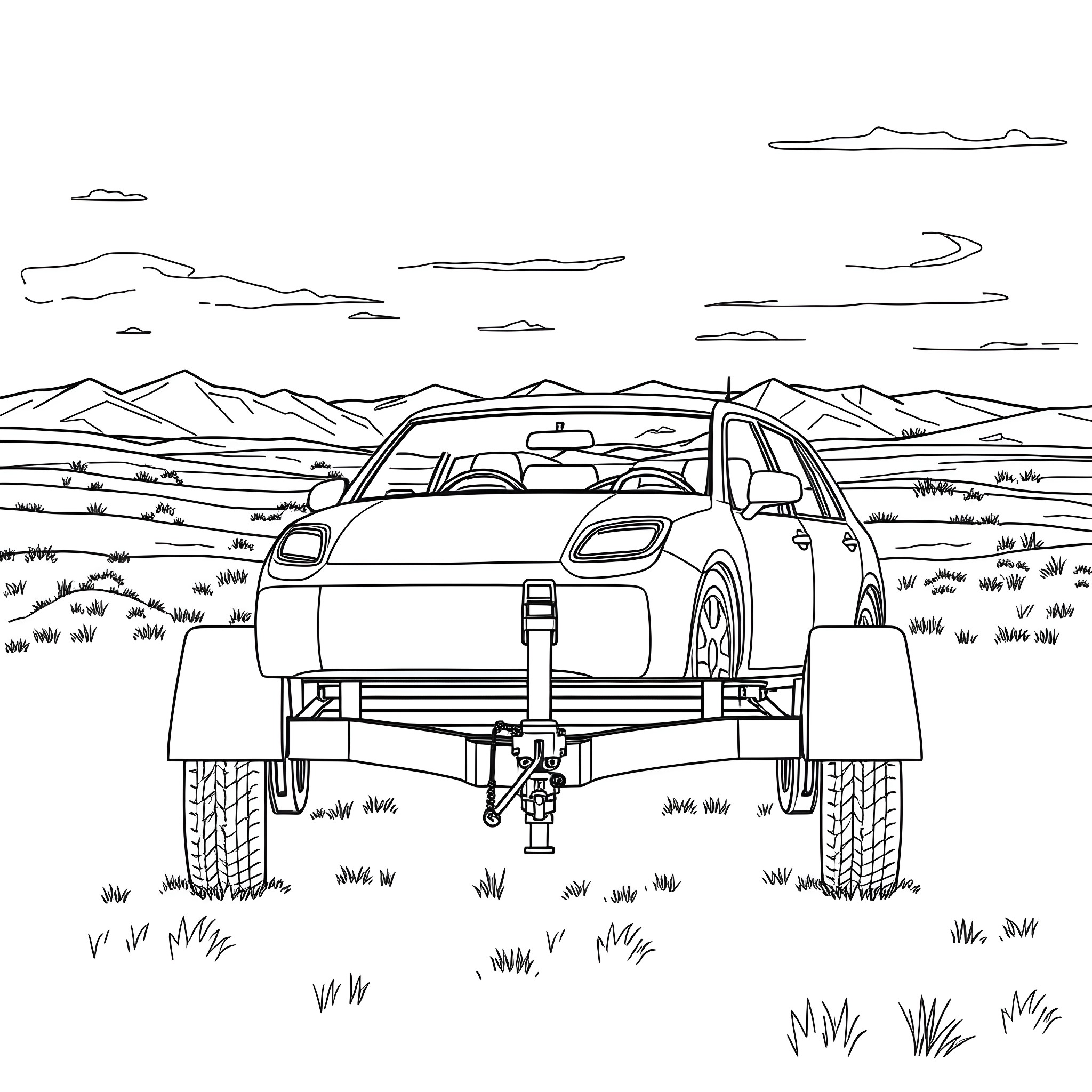 Car Trailer crossing rugged terrain in remote landscape Coloring Page (free black-and-white line drawing printable PDF for all, from beginners to advanced learners, including children, teens, adults, and seniors)