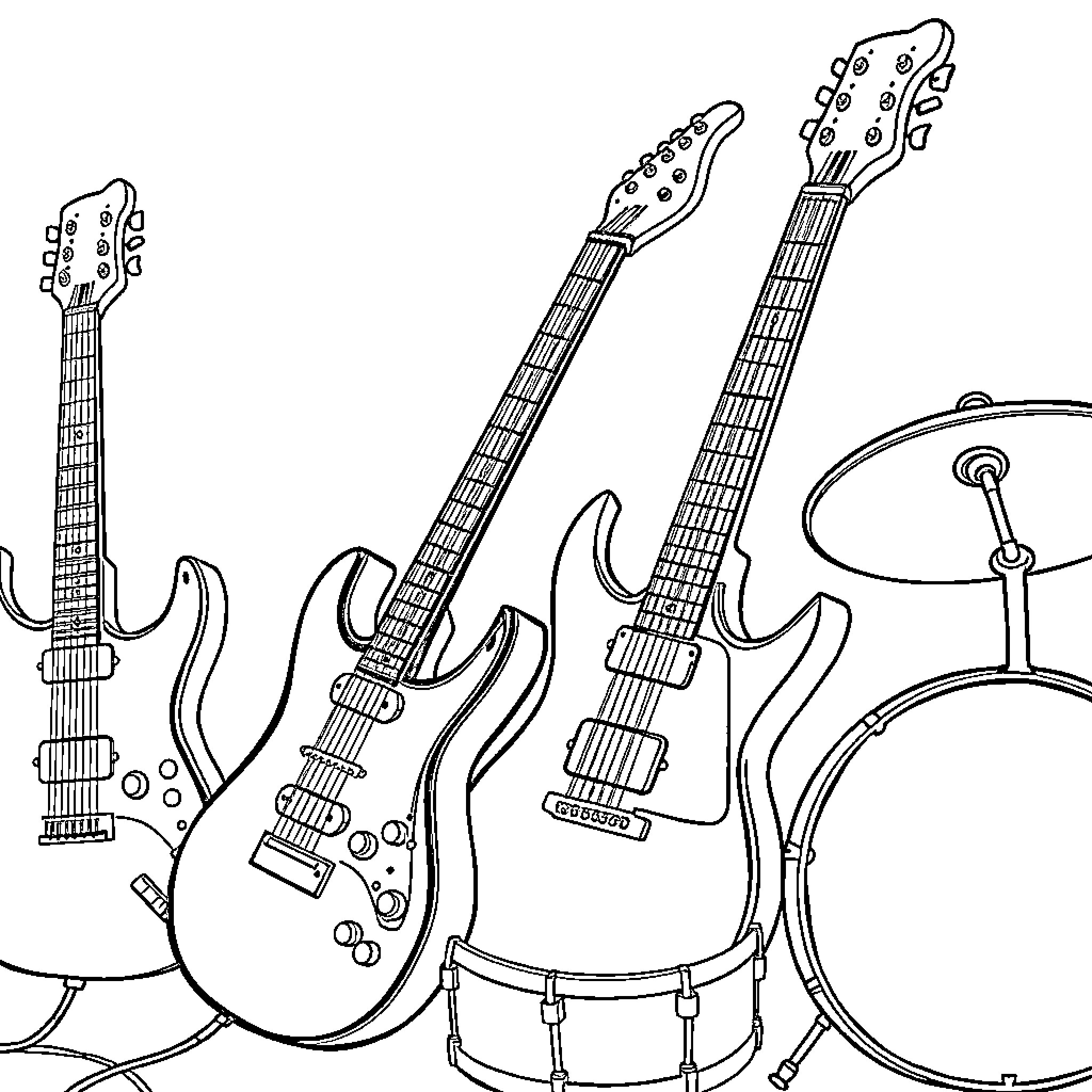 Musical Instrument Ensemble with Electric Guitars and Drums Coloring Page (free black-and-white line drawing printable PDF for all, from beginners to advanced learners, including children, teens, adults, and seniors)