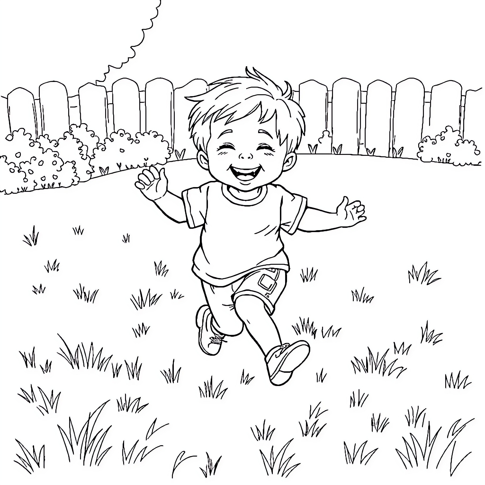 Child joyfully running in outdoor setting Coloring Page (free black-and-white line drawing printable PDF for all, from beginners to advanced learners, including children, teens, adults, and seniors)