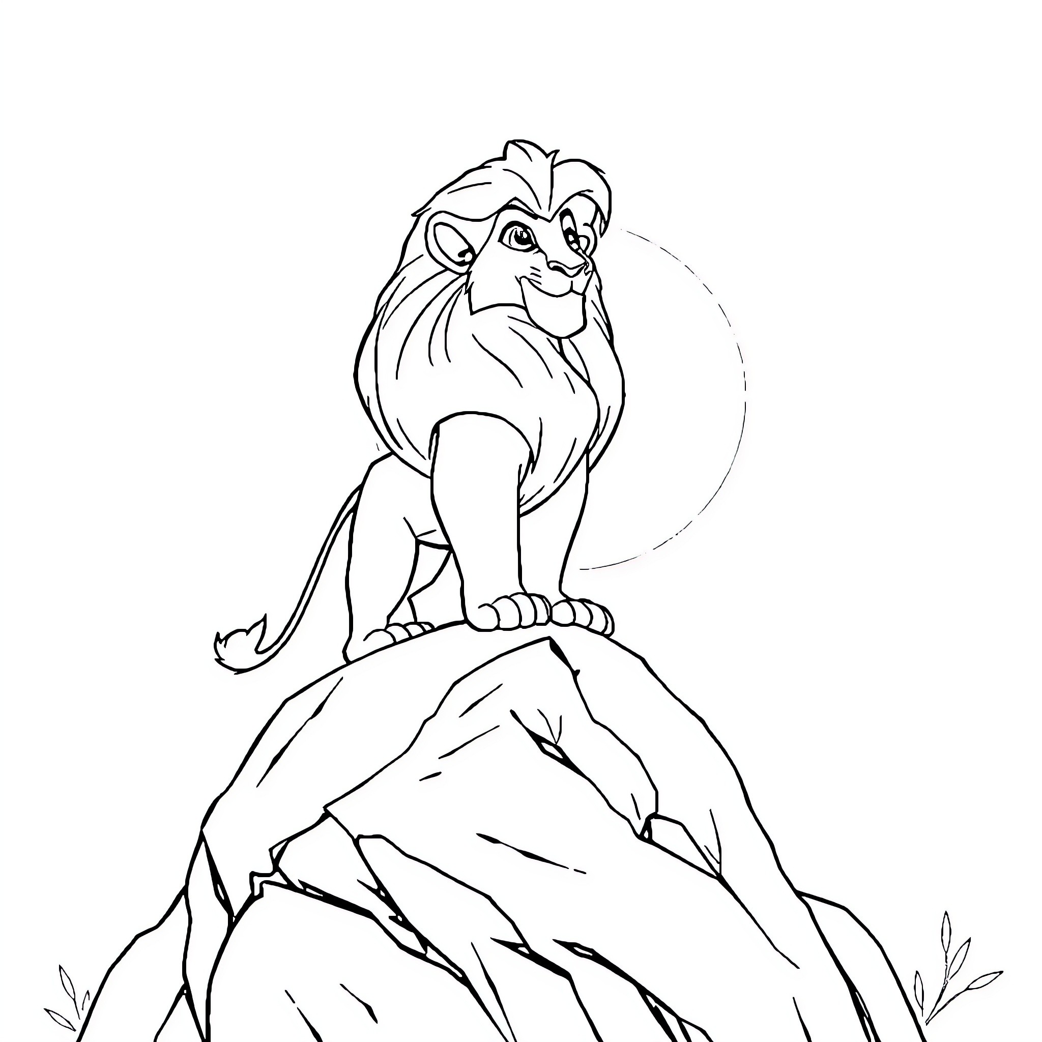 Simba surveying his kingdom from a rocky perch Coloring Page (free black-and-white line drawing printable PDF for all, from beginners to advanced learners, including children, teens, adults, and seniors)