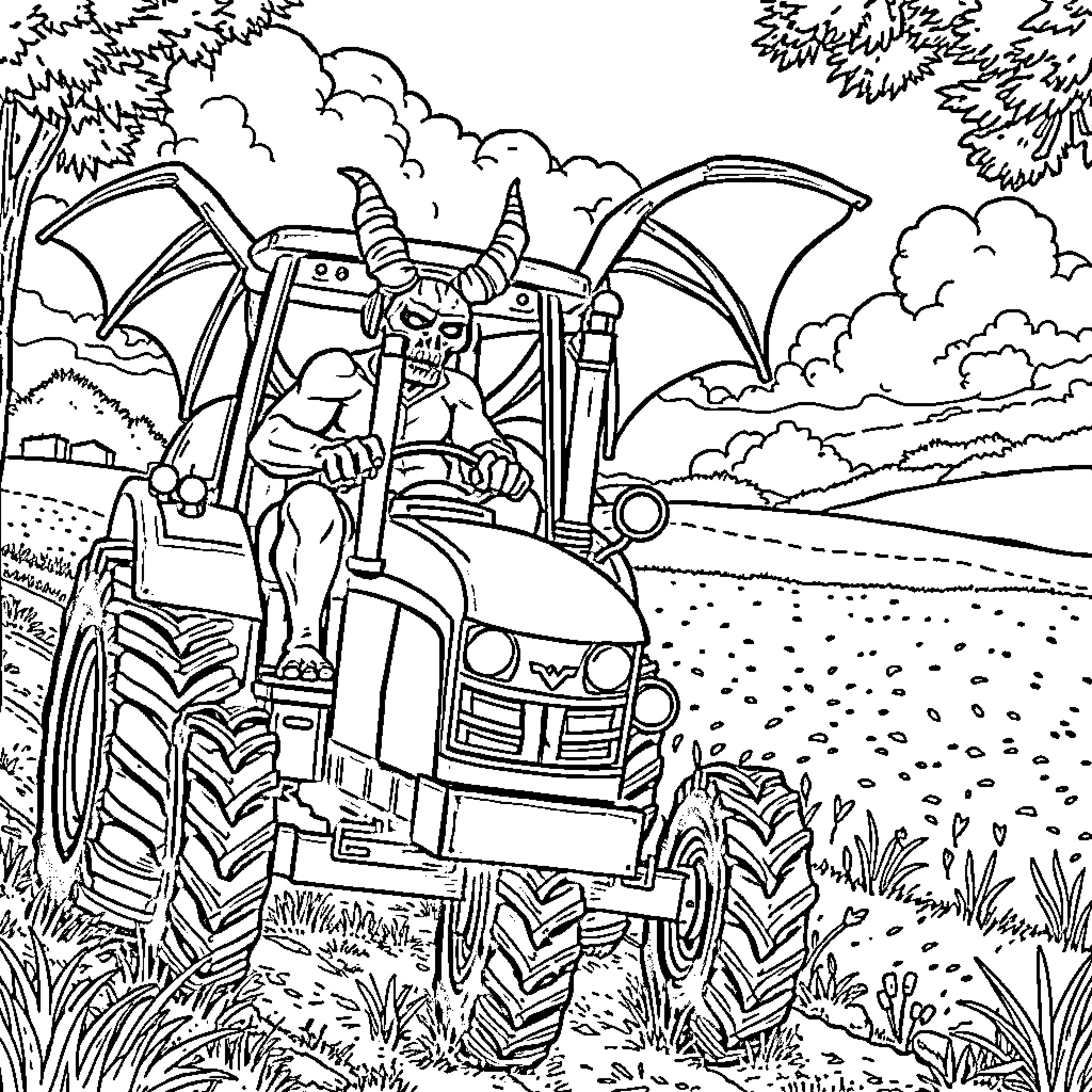Demonio de Manacor operating a powerful tractor in the countryside Coloring Page (free black-and-white line drawing printable PDF for all, from beginners to advanced learners, including children, teens, adults, and seniors)