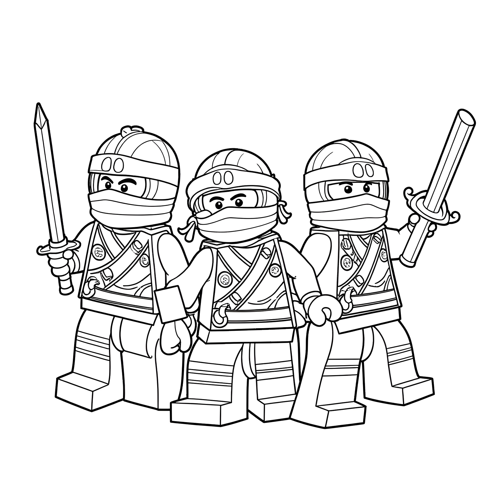 Ninjago team ready for action Coloring Page (free black-and-white line drawing printable PDF for all, from beginners to advanced learners, including children, teens, adults, and seniors)