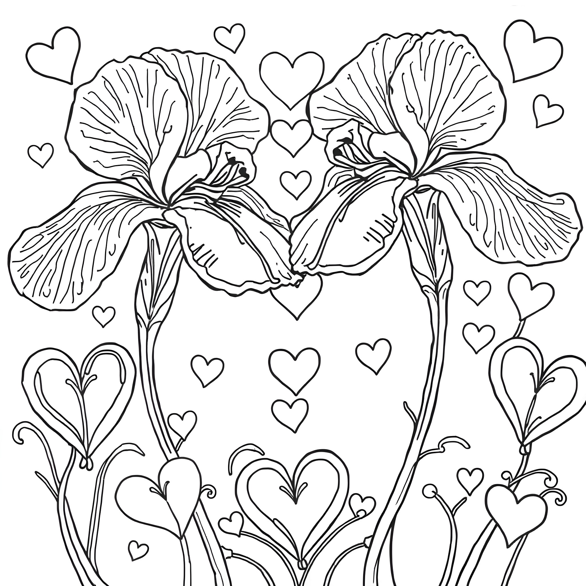 Iris flowers surrounded by hearts Coloring Page (free black-and-white line drawing printable PDF for all, from beginners to advanced learners, including children, teens, adults, and seniors)