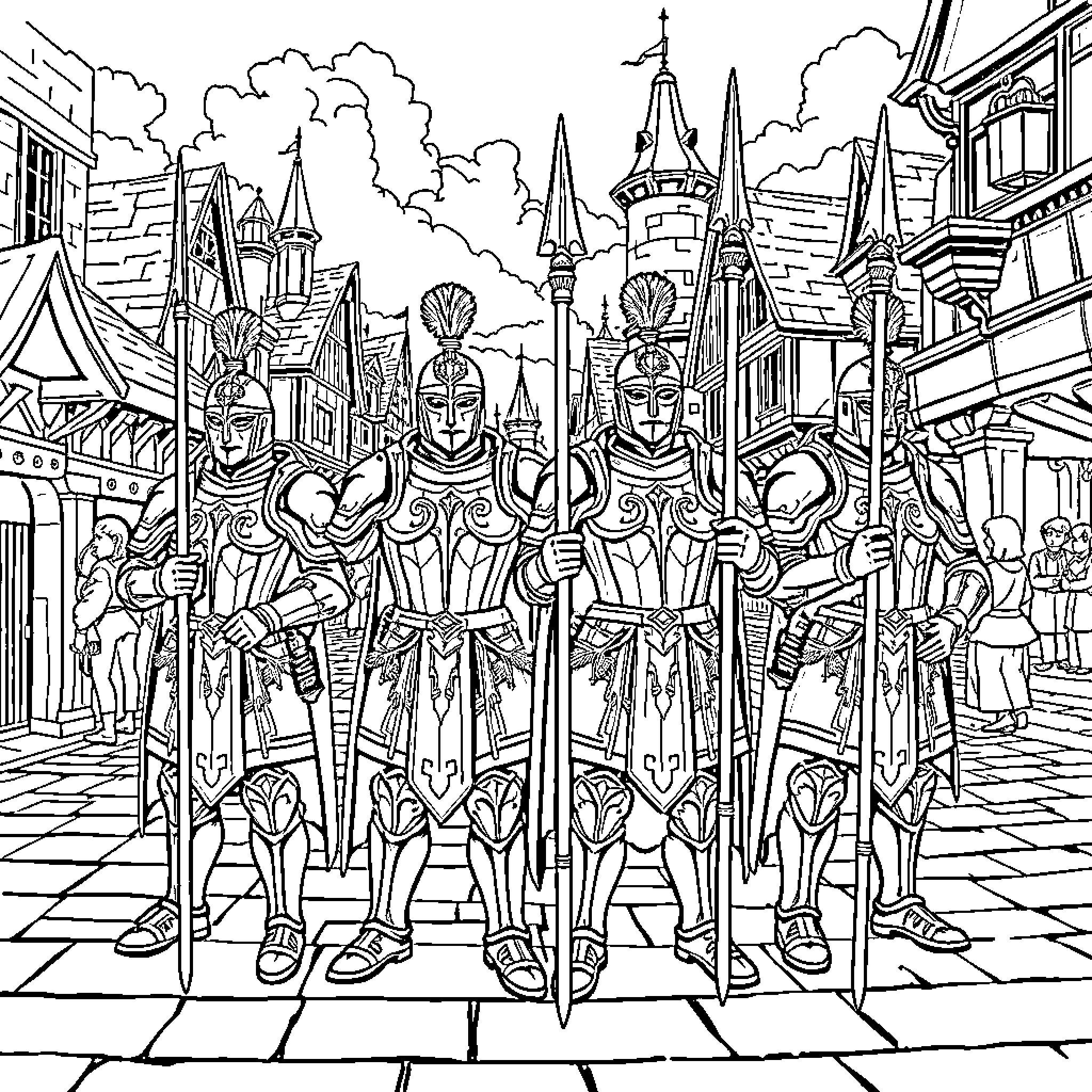Cityguard: Armored warriors on parade in a fantastical city Coloring Page (free black-and-white line drawing printable PDF for all, from beginners to advanced learners, including children, teens, adults, and seniors)
