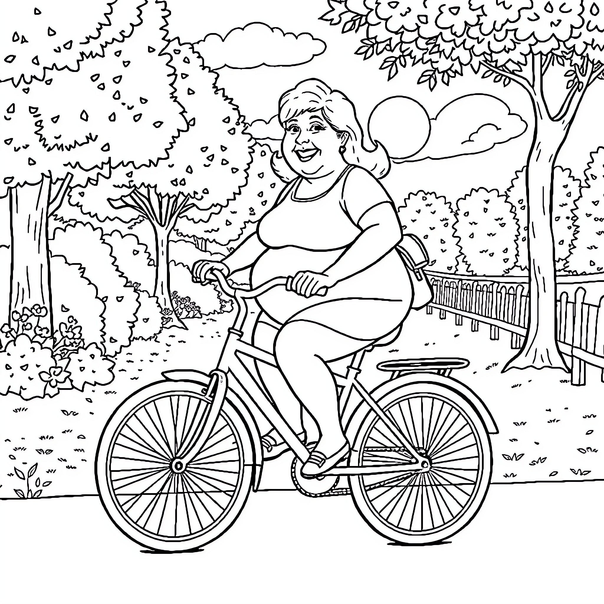 Lady biking joyfully through a scenic park Coloring Page (free black-and-white line drawing printable PDF for all, from beginners to advanced learners, including children, teens, adults, and seniors)