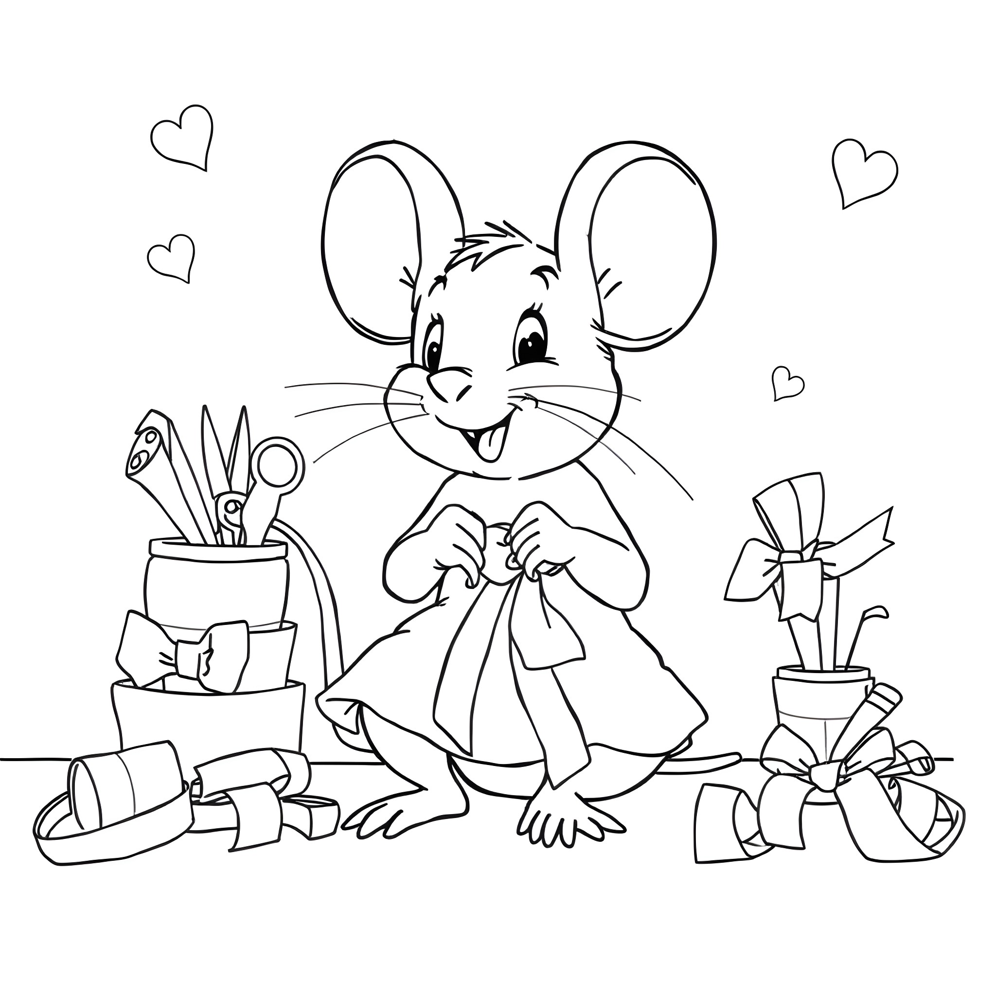 Minnie Mouse playing with arts and crafts supplies Coloring Page (free black-and-white line drawing printable PDF for all, from beginners to advanced learners, including children, teens, adults, and seniors)