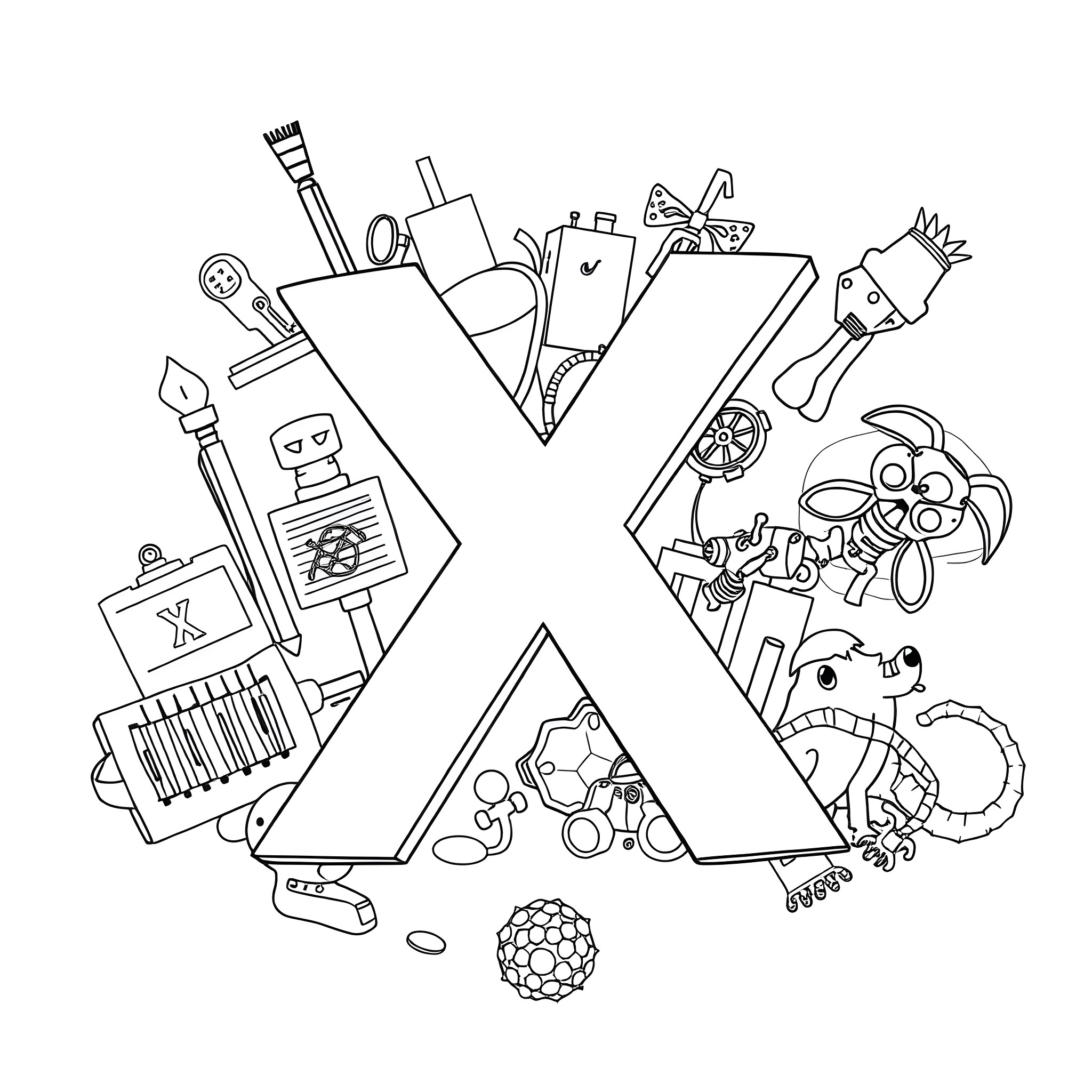 Alphabet of Artistic Creativity Coloring Page (free black-and-white line drawing printable PDF for all, from beginners to advanced learners, including children, teens, adults, and seniors)