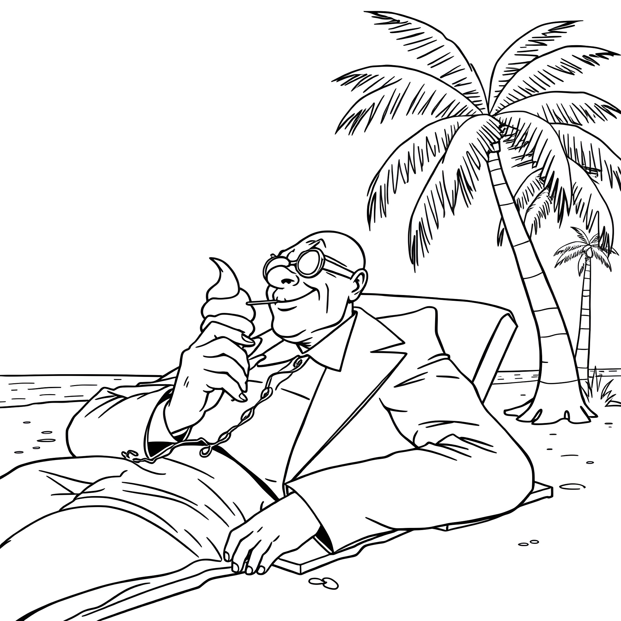 Dr. Evil relaxing on the beach with an ice cream cone Coloring Page (free black-and-white line drawing printable PDF for all, from beginners to advanced learners, including children, teens, adults, and seniors)