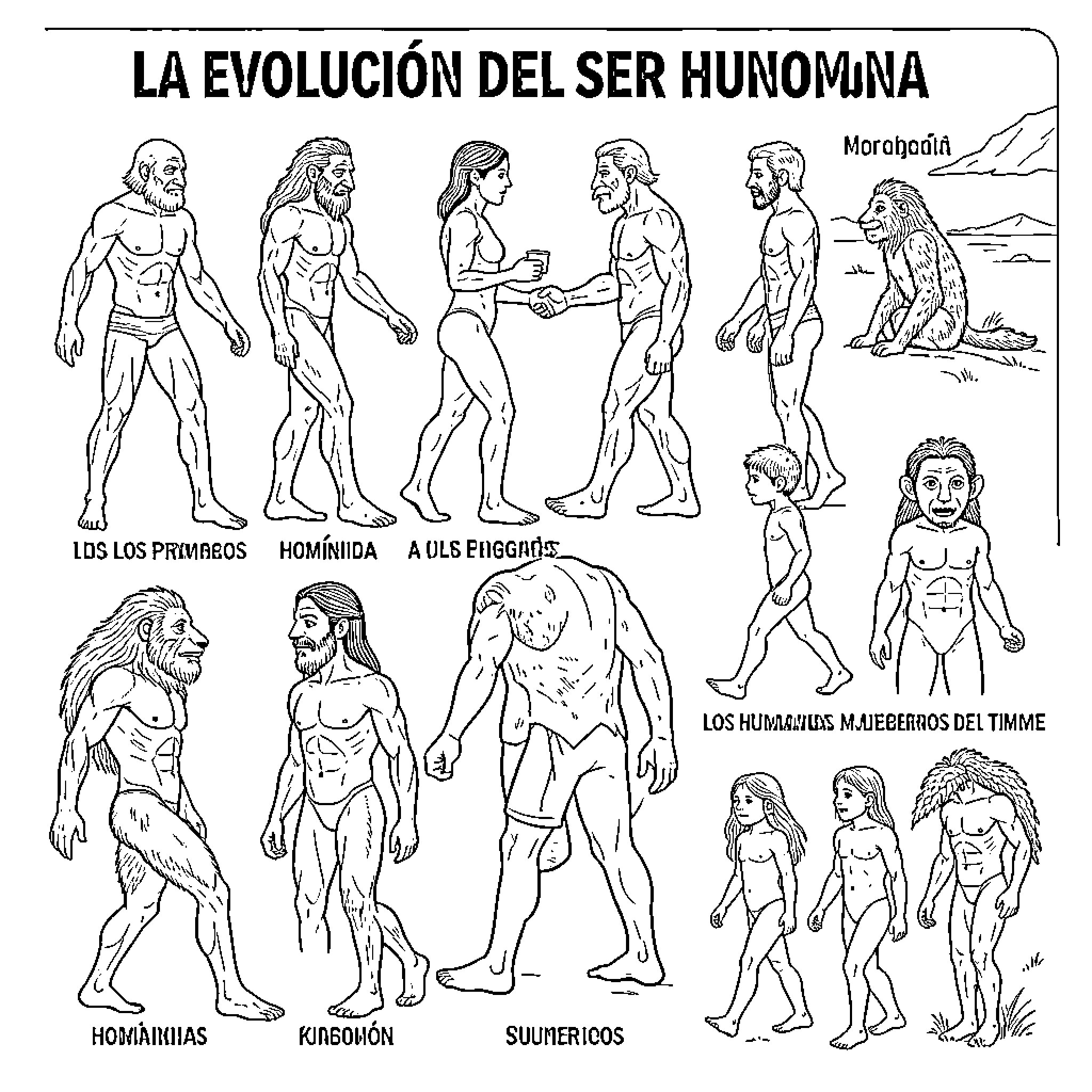 Human Evolution showing different stages of primitive beings Coloring Page (free black-and-white line drawing printable PDF for all, from beginners to advanced learners, including children, teens, adults, and seniors)