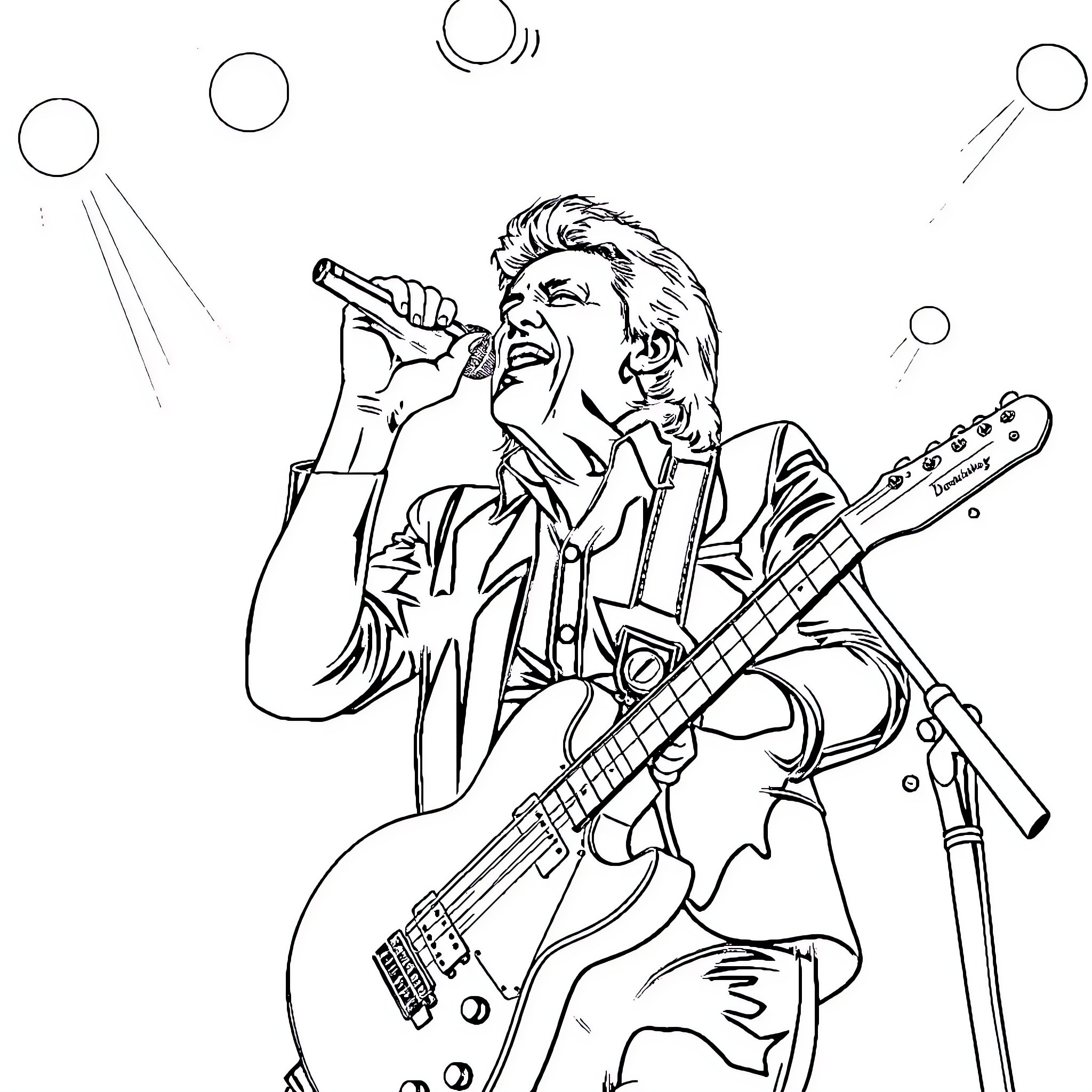 John Farnham performing on stage with guitar Coloring Page (free black-and-white line drawing printable PDF for all, from beginners to advanced learners, including children, teens, adults, and seniors)