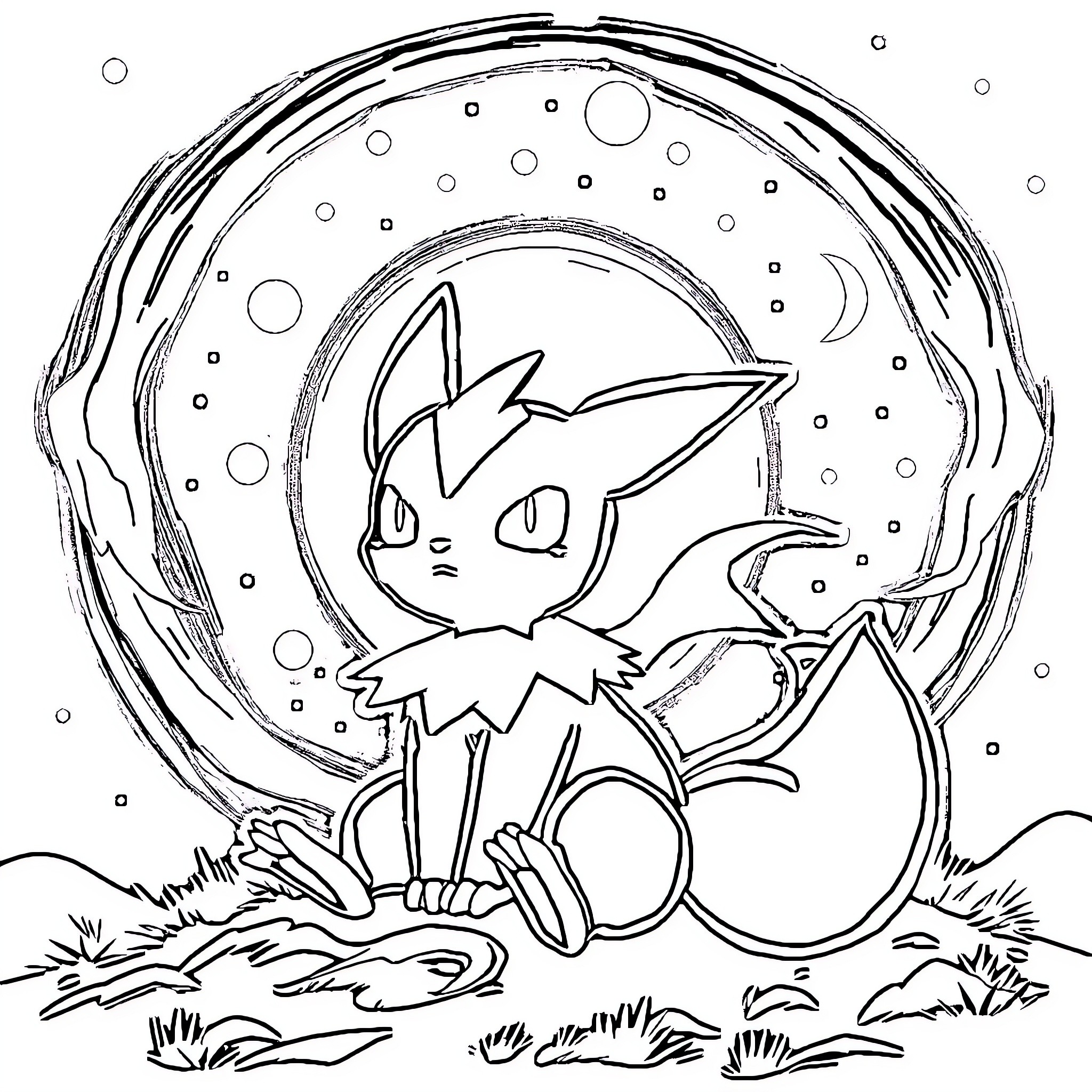Noctali's Enchanting Nighttime Adventure Coloring Page (free black-and-white line drawing printable PDF for all, from beginners to advanced learners, including children, teens, adults, and seniors)