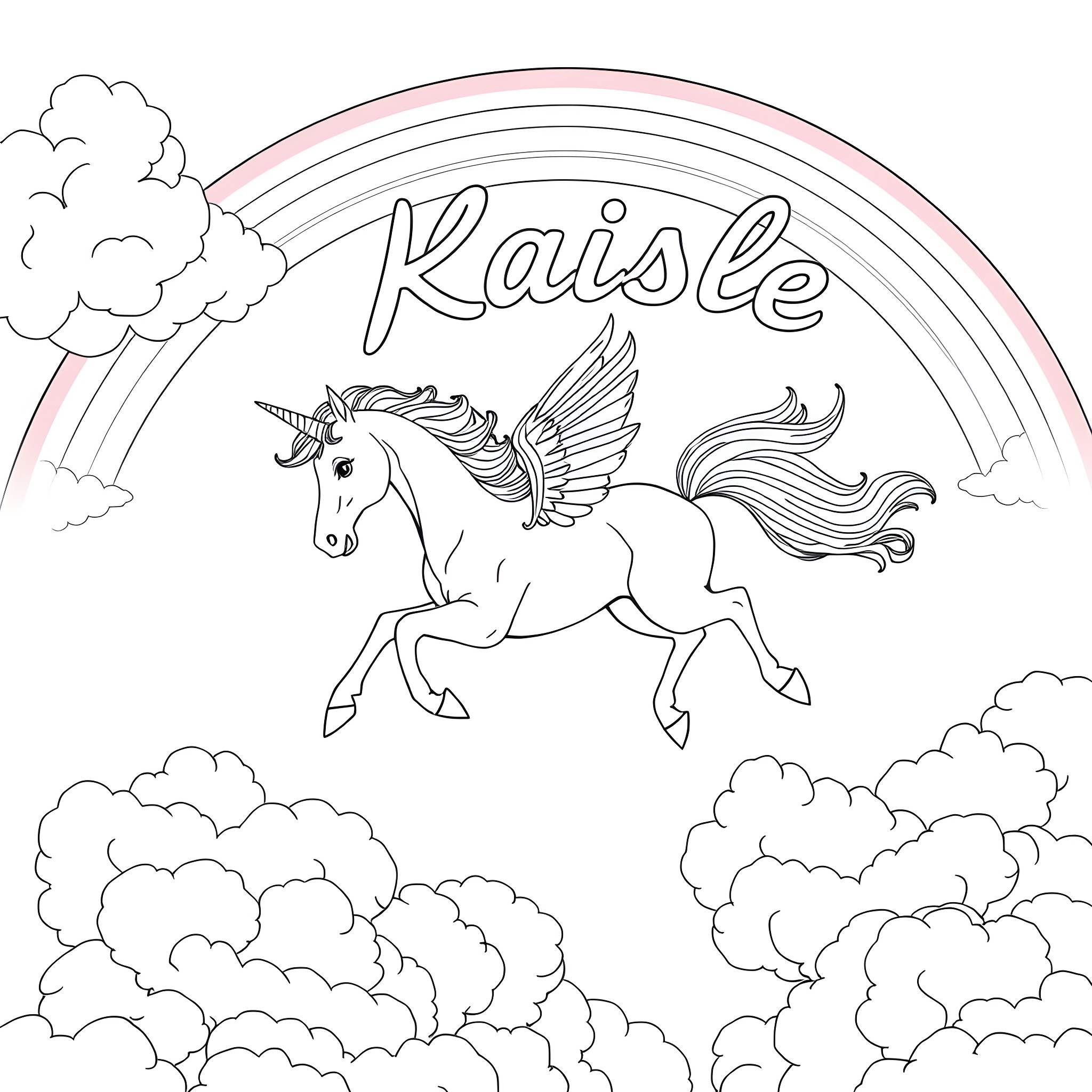 Unicorn flying happily through the clouds Coloring Page (free black-and-white line drawing printable PDF for all, from beginners to advanced learners, including children, teens, adults, and seniors)