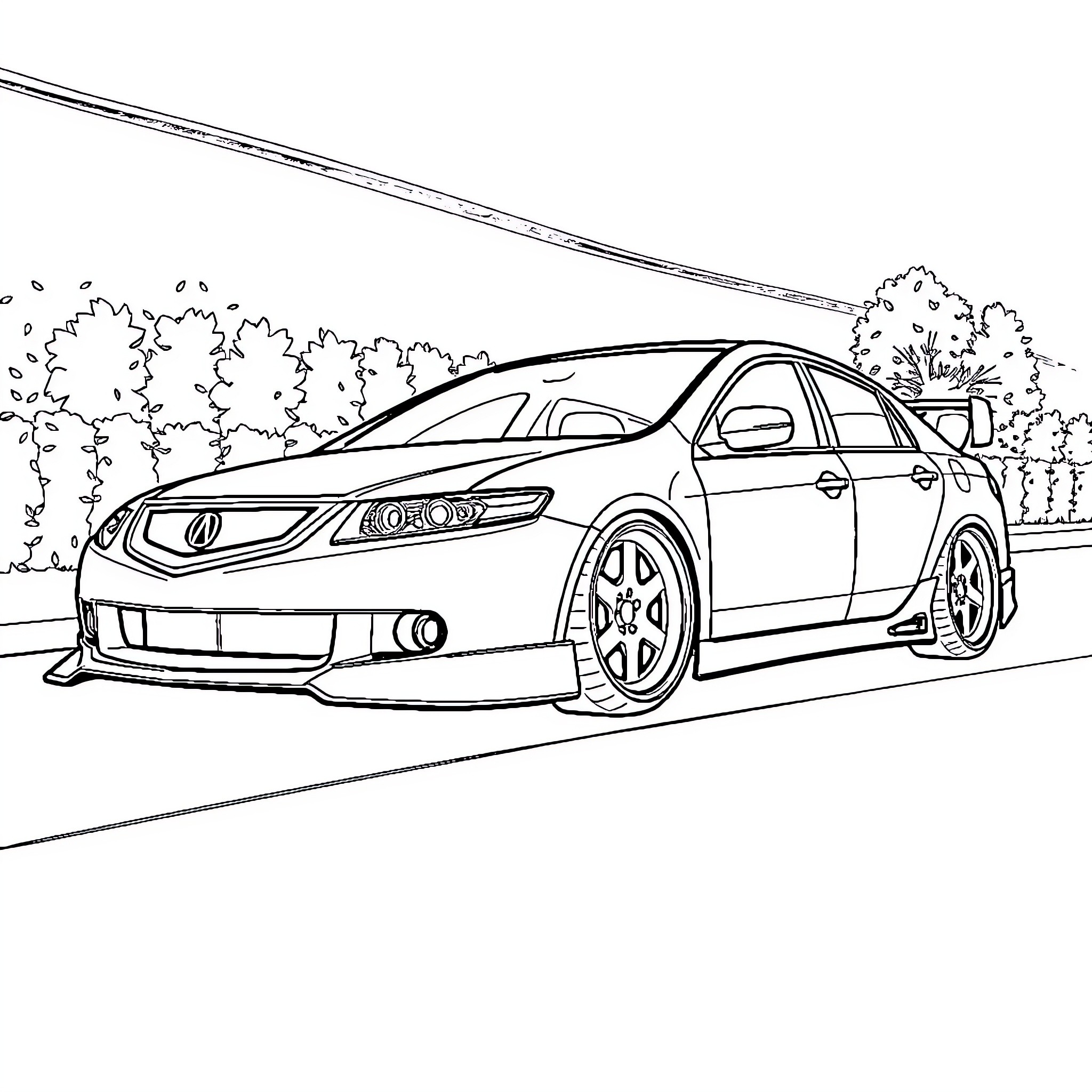 Acura sports sedan driving on a scenic road Coloring Page (free black-and-white line drawing printable PDF for all, from beginners to advanced learners, including children, teens, adults, and seniors)