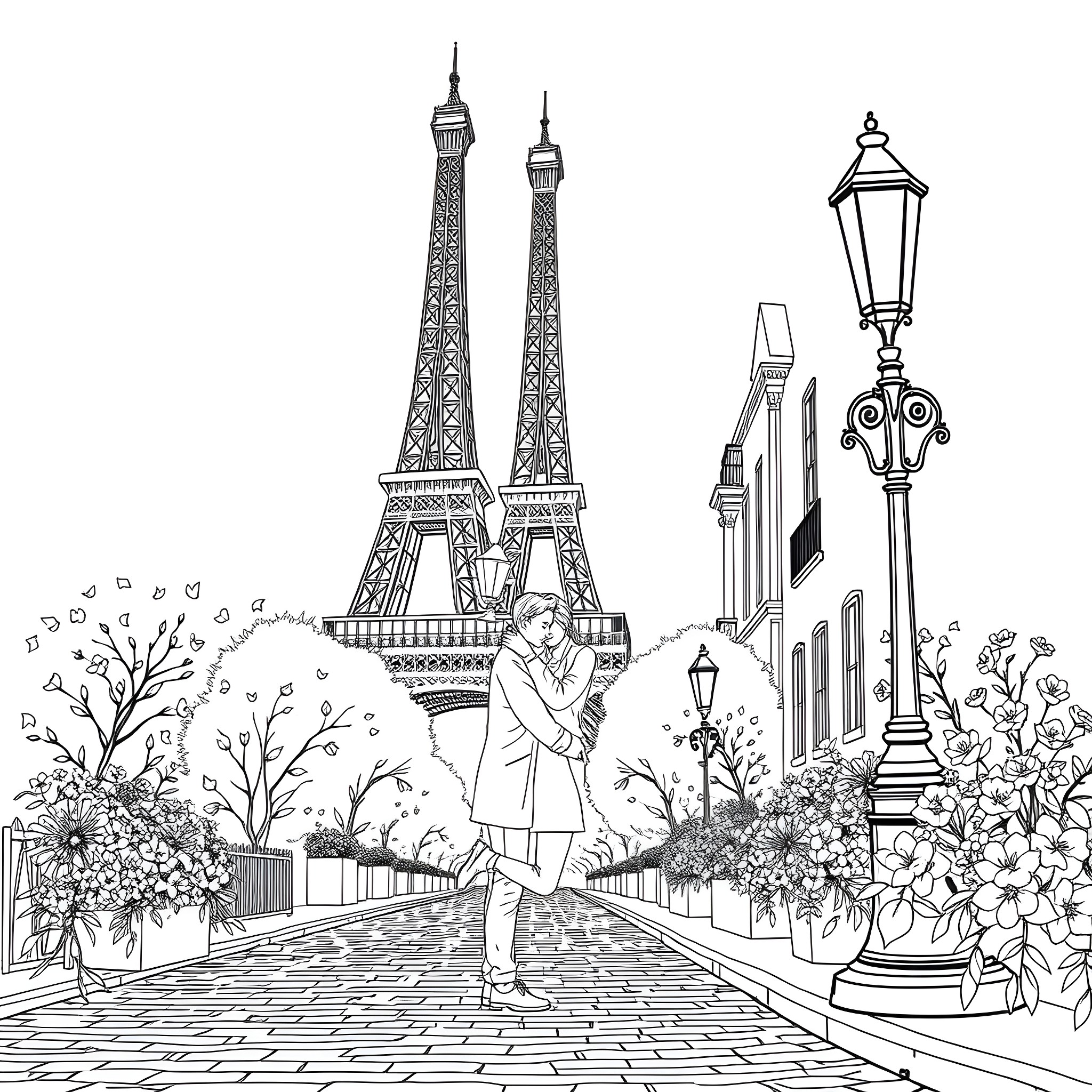 Romance in Paris: Couple strolling under the Eiffel Tower Coloring Page (free black-and-white line drawing printable PDF for all, from beginners to advanced learners, including children, teens, adults, and seniors)