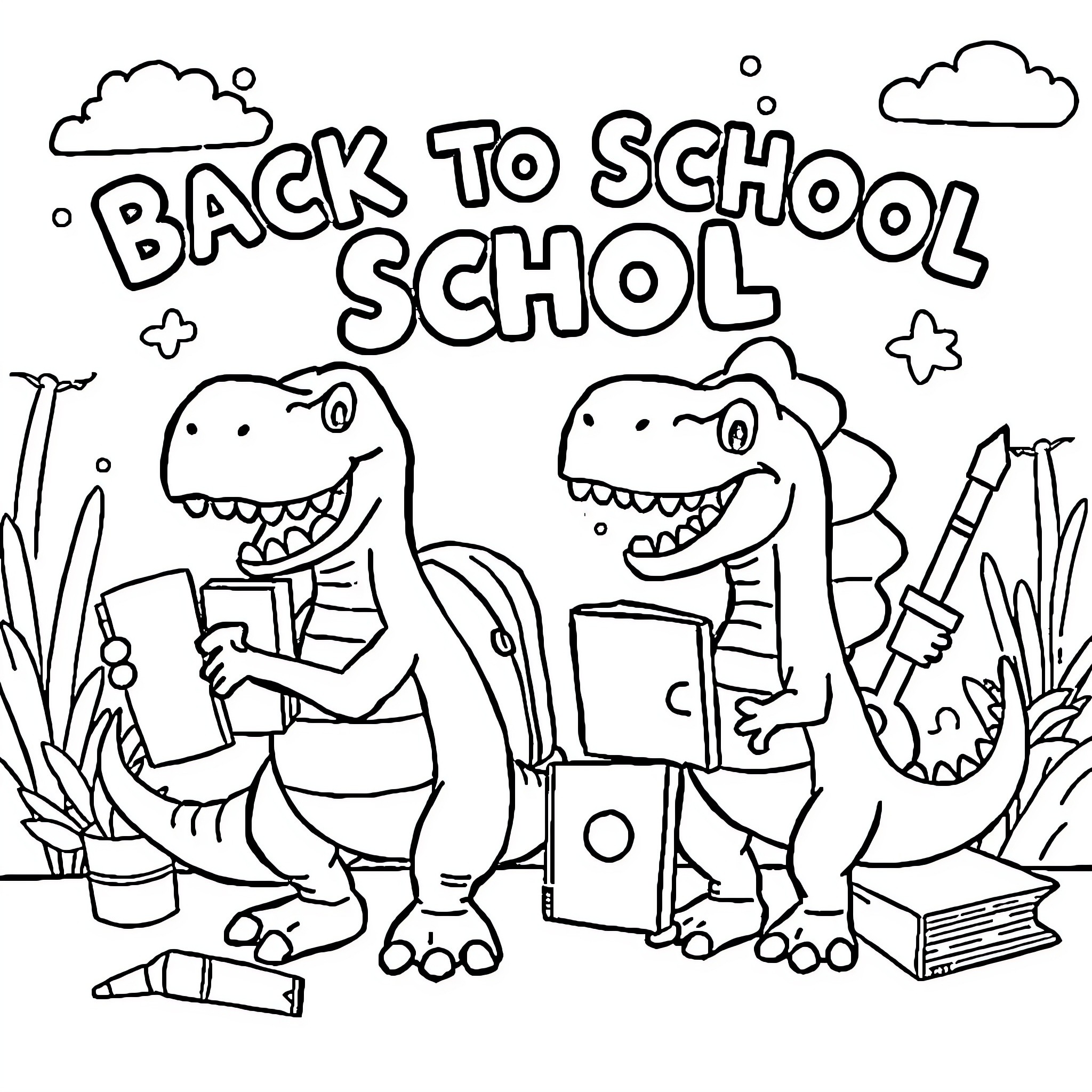 Dino friends returning to school Coloring Page (free black-and-white line drawing printable PDF for all, from beginners to advanced learners, including children, teens, adults, and seniors)