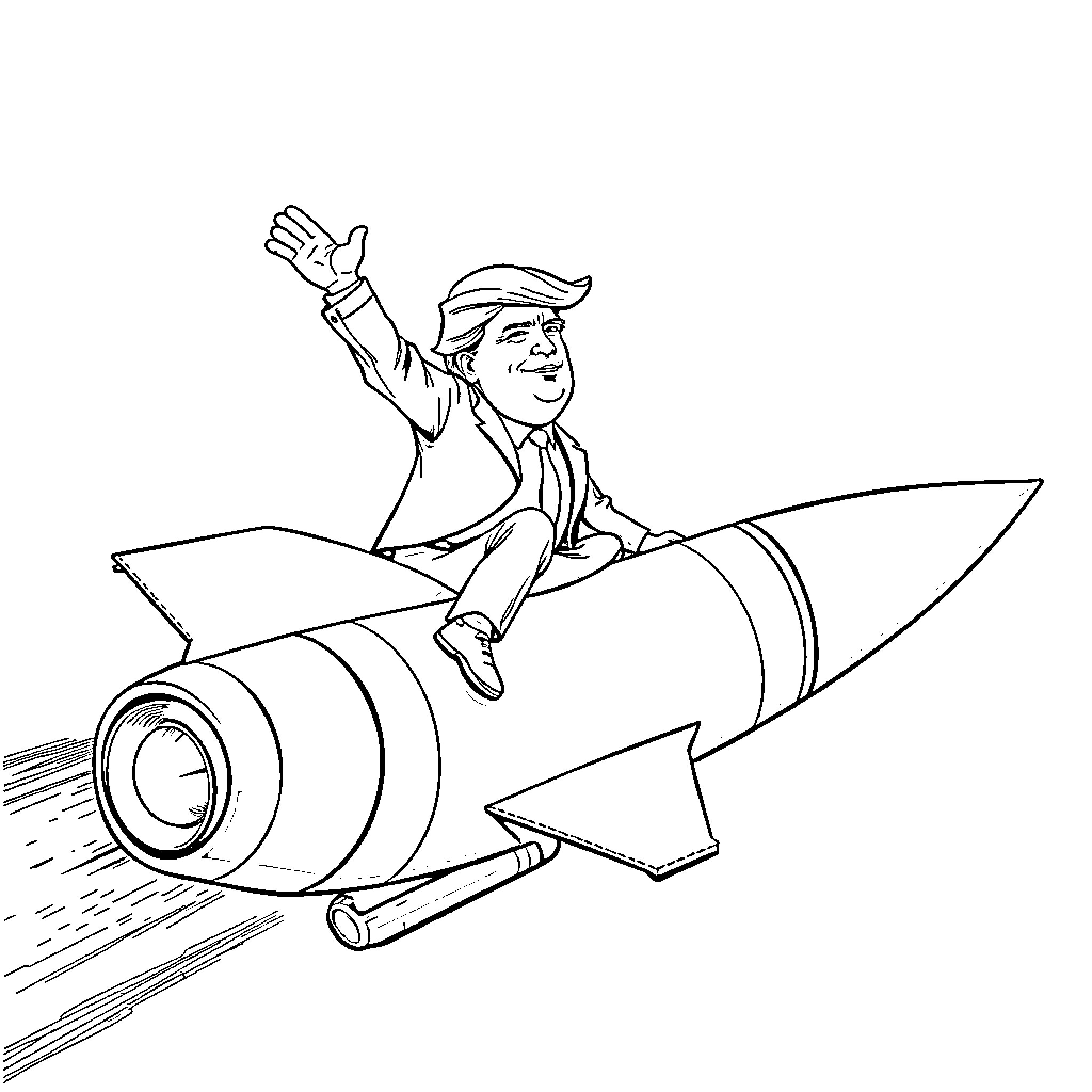 Donald Trump riding a rocket and waving Coloring Page (free black-and-white line drawing printable PDF for all, from beginners to advanced learners, including children, teens, adults, and seniors)