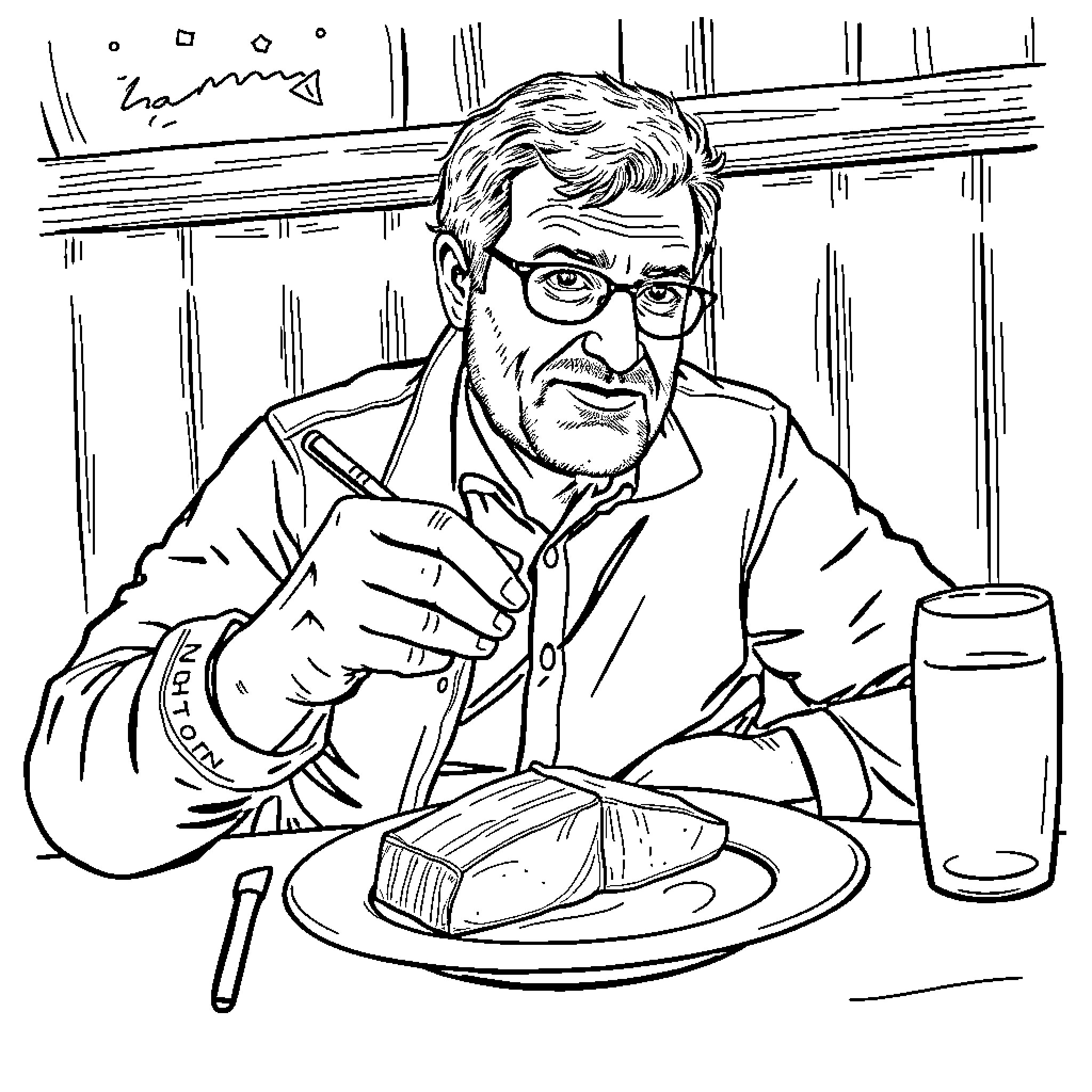 Erling Braut Haaland having a thoughtful meal Coloring Page (free black-and-white line drawing printable PDF for all, from beginners to advanced learners, including children, teens, adults, and seniors)