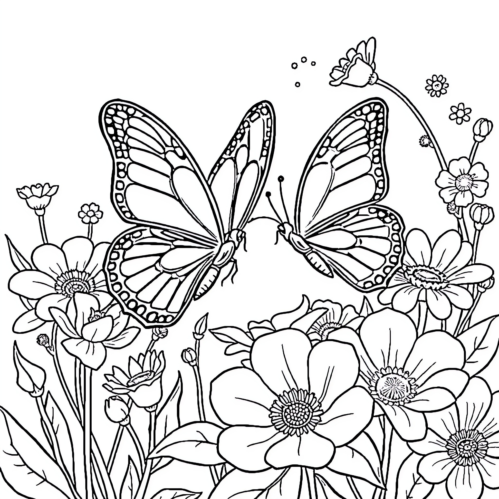 Butterfly Floating Above Floral Garden Coloring Page (free black-and-white line drawing printable PDF for all, from beginners to advanced learners, including children, teens, adults, and seniors)
