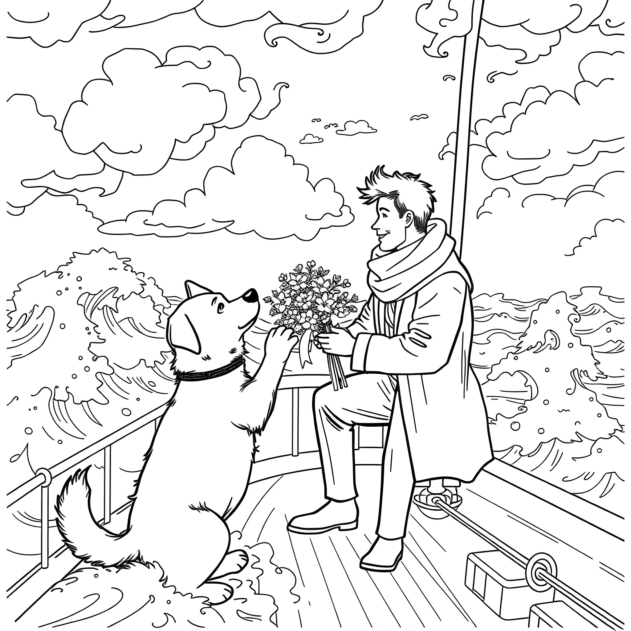 Dog and human enjoying the windy day on the porch Coloring Page (free black-and-white line drawing printable PDF for all, from beginners to advanced learners, including children, teens, adults, and seniors)