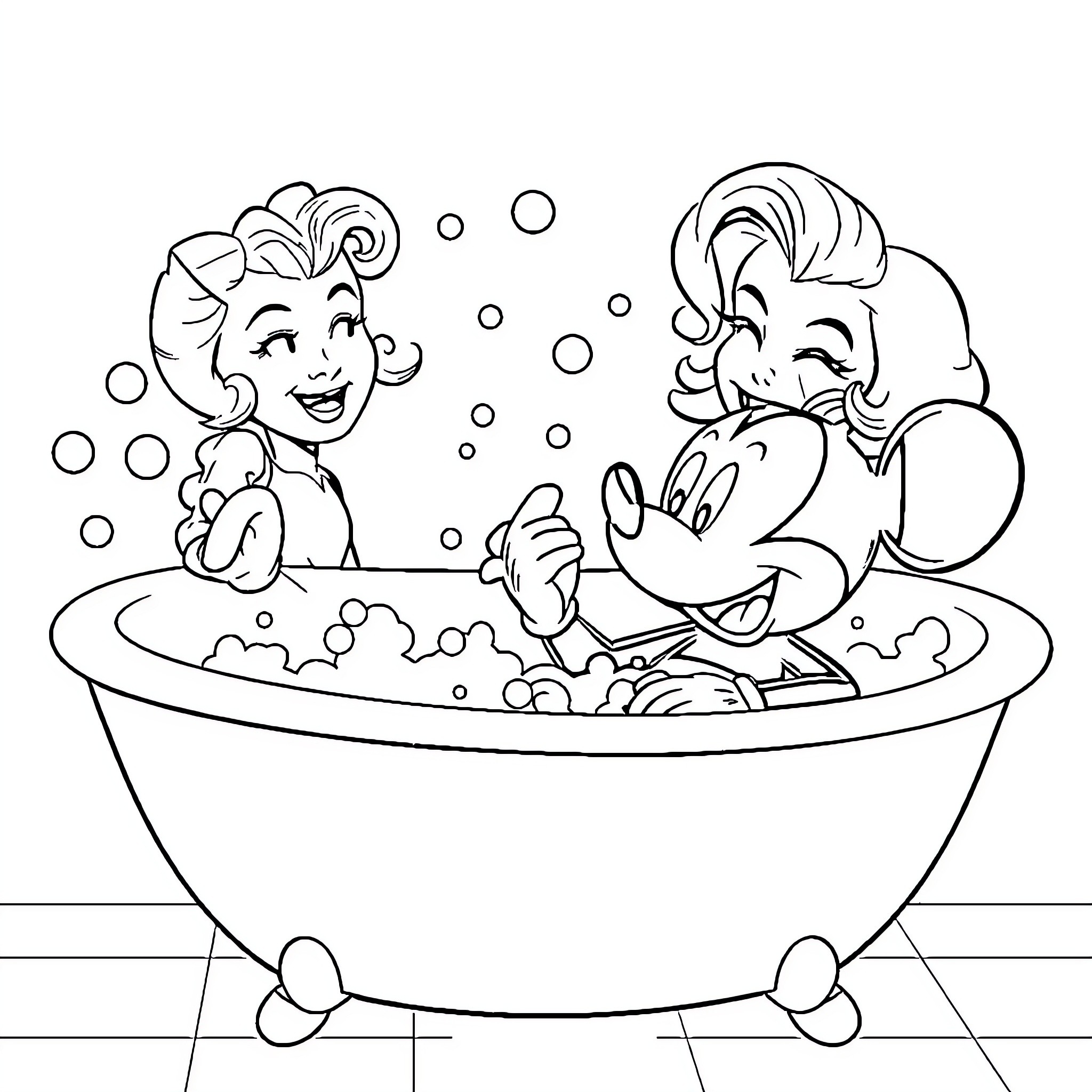 Mickey Mouse and Minnie Mouse enjoying a bubble bath Coloring Page (free black-and-white line drawing printable PDF for all, from beginners to advanced learners, including children, teens, adults, and seniors)